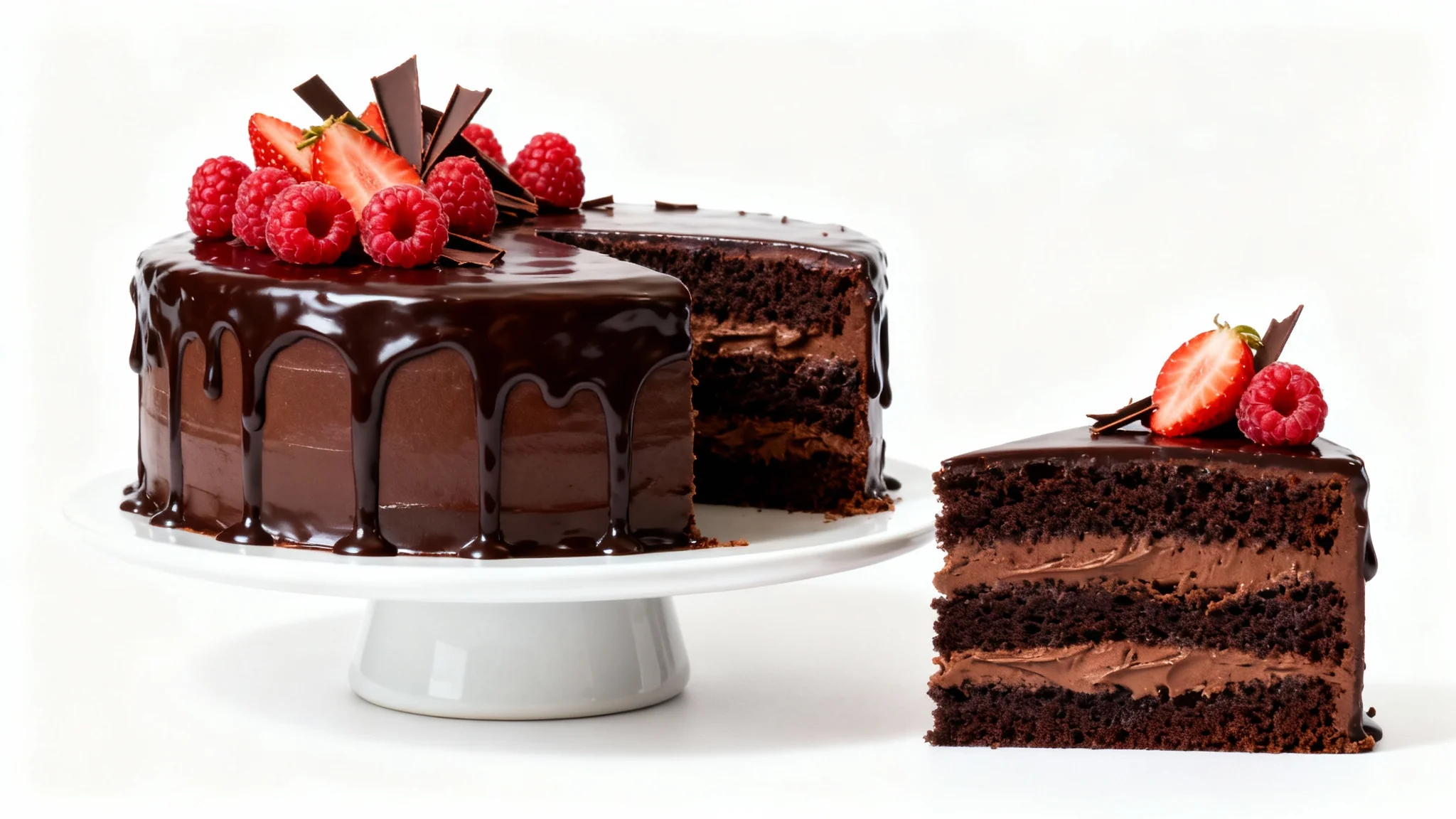 A photorealistic image of a decadent, multi-layered chocolate cake on a white cake stand against a white background, with a slice cut out to show the layers.