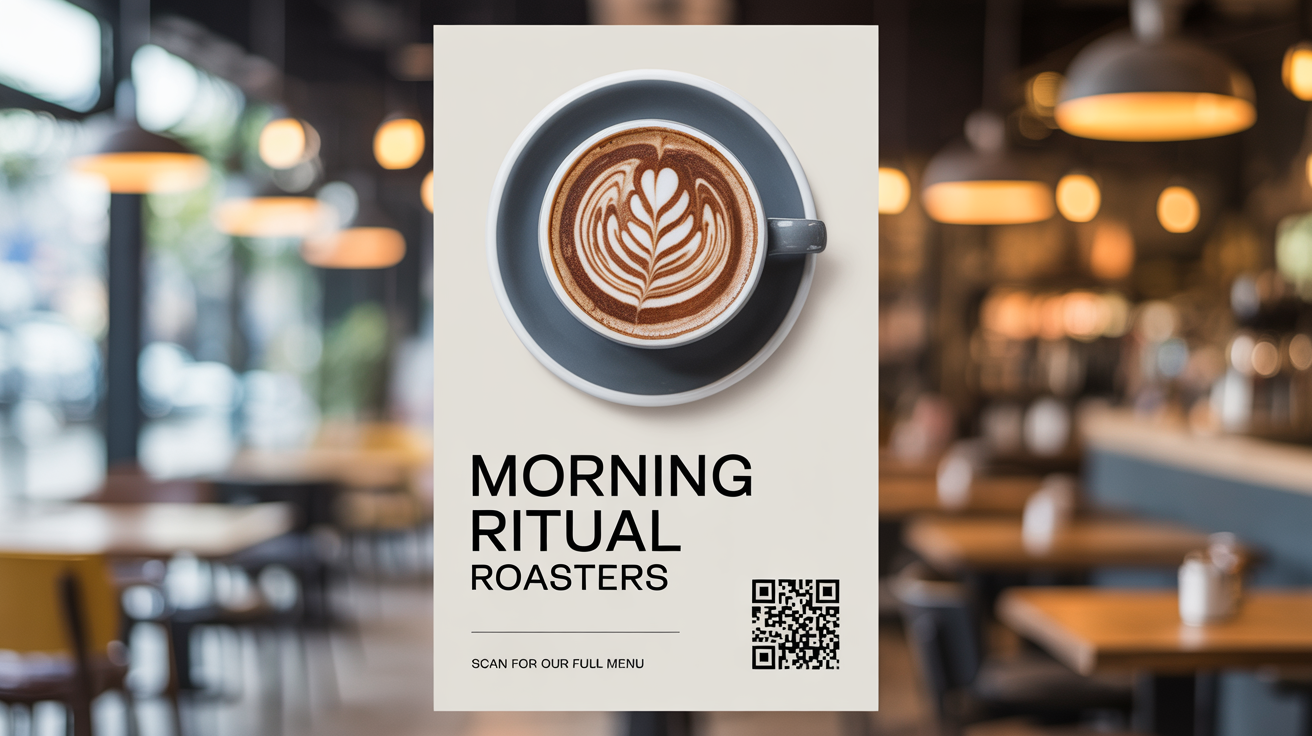 A promotional poster for 'Morning Ritual Roasters' showing a latte from above, with text that reads 'Scan for our full menu' and a QR code in the corner.