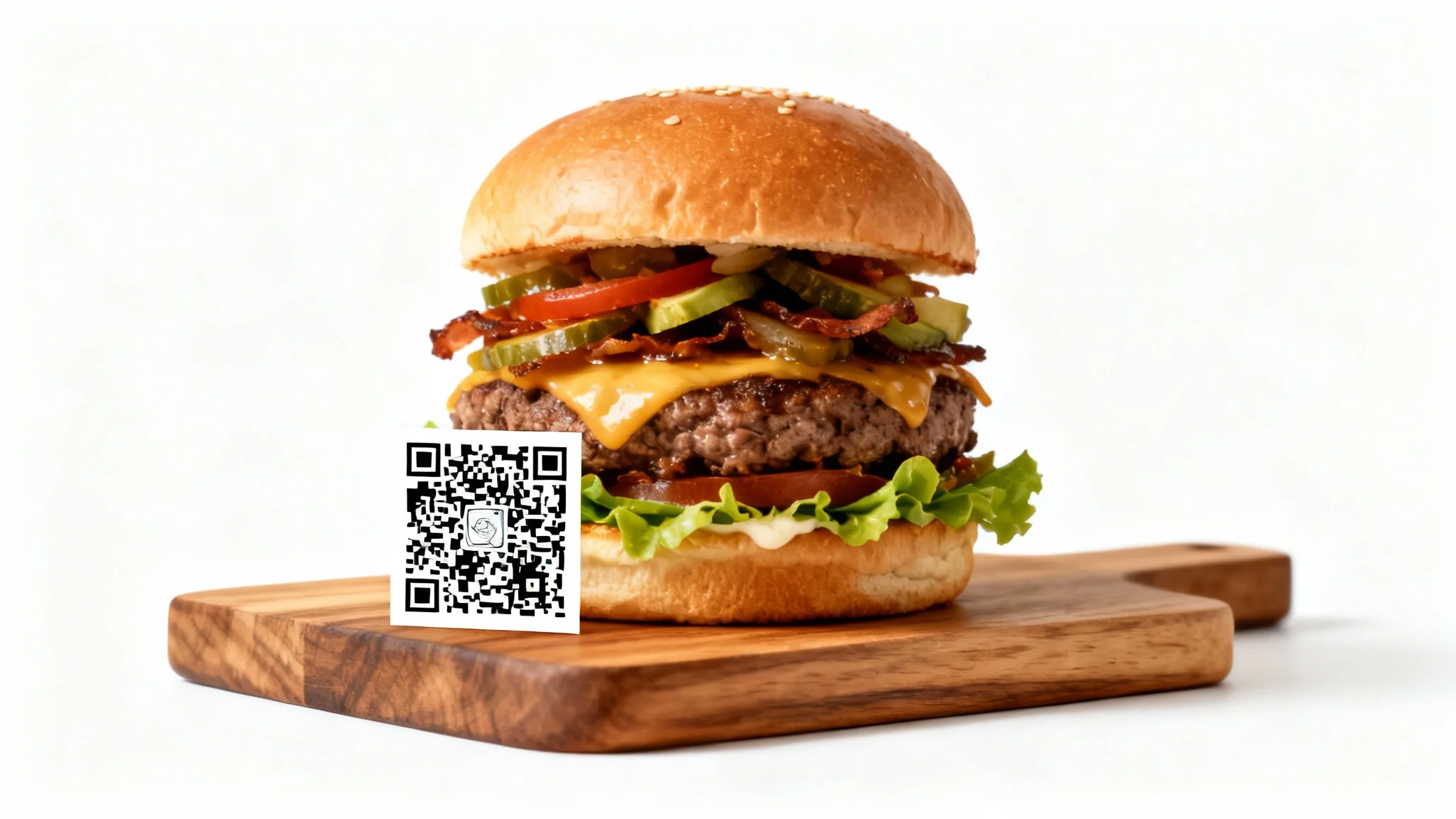 A professional photograph of a gourmet burger, with a QR code digitally added to the corner of the image, displayed against a clean white background.