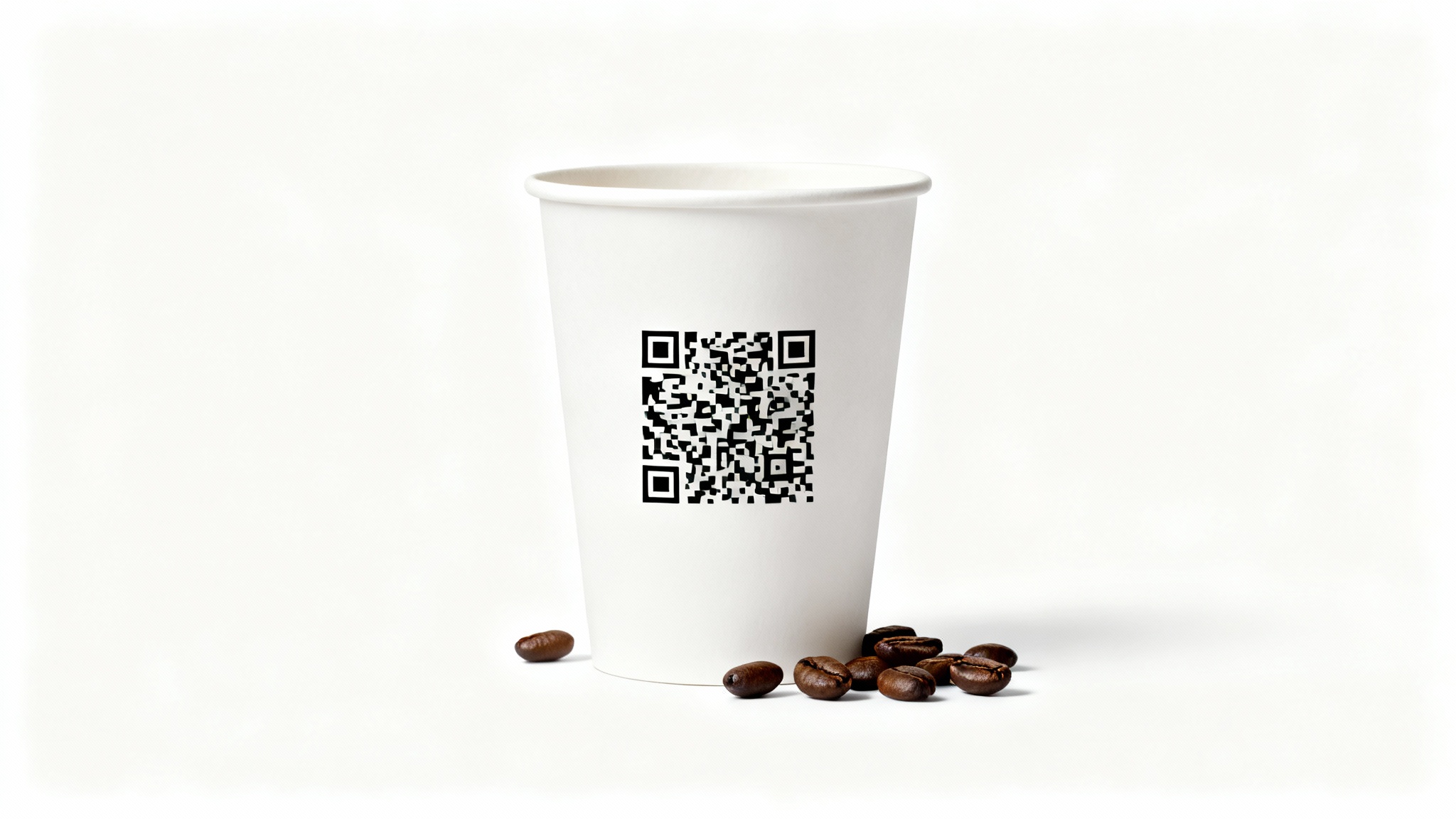 A photorealistic image of a takeaway coffee cup with a QR code printed on it, set against a plain white background, illustrating the concept of adding a QR code to an image.