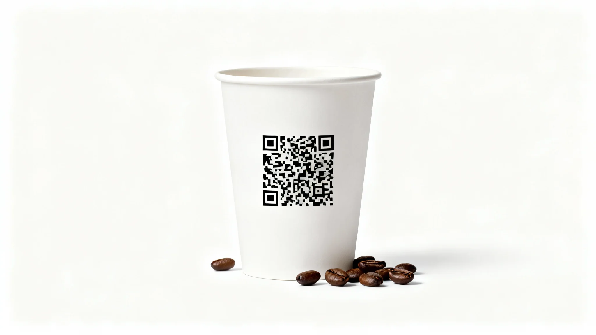 A photorealistic image of a takeaway coffee cup with a QR code printed on it, set against a plain white background, illustrating the concept of adding a QR code to an image.
