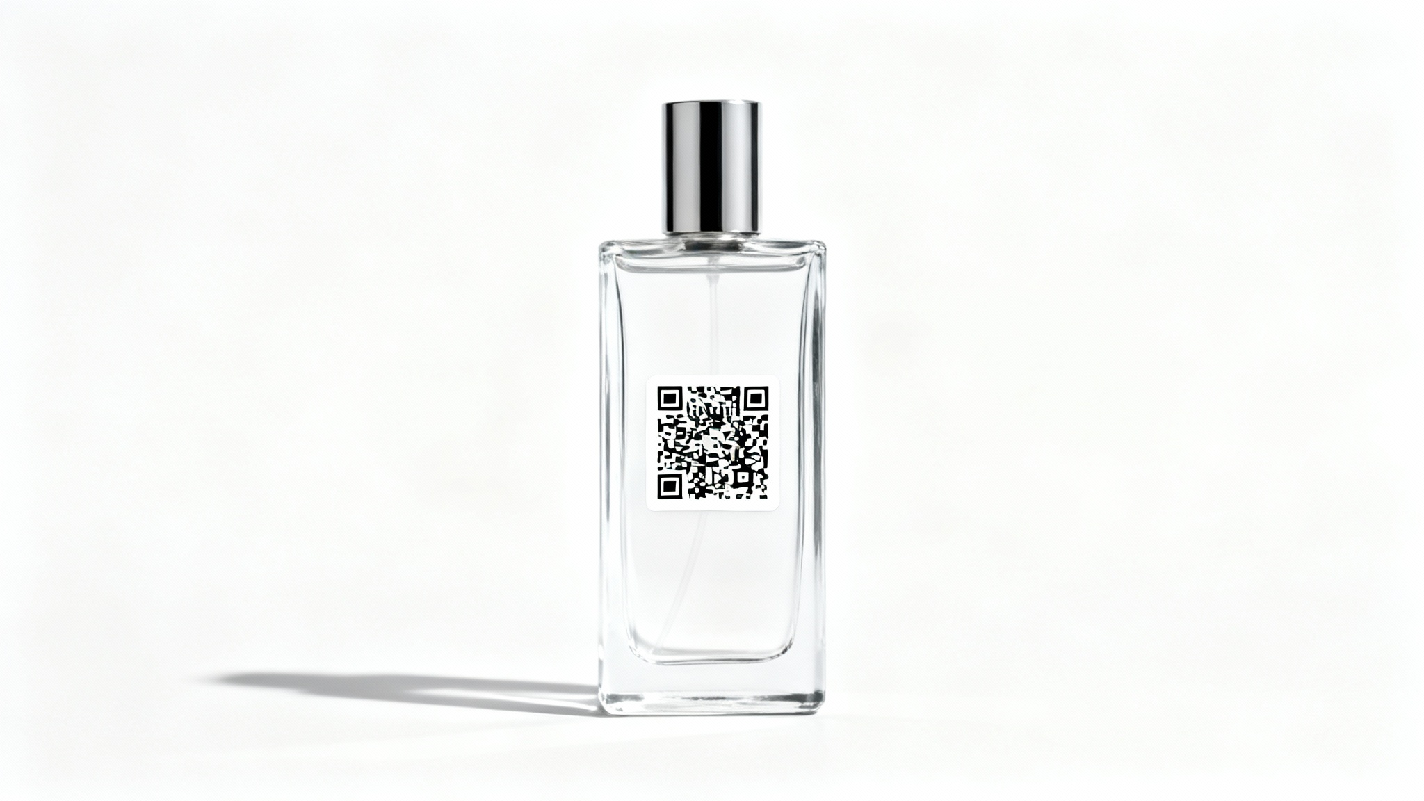 A mockup illustrating the 'add QR code to image' feature, showing a high-end perfume bottle on a white background with a clear QR code added to its surface.