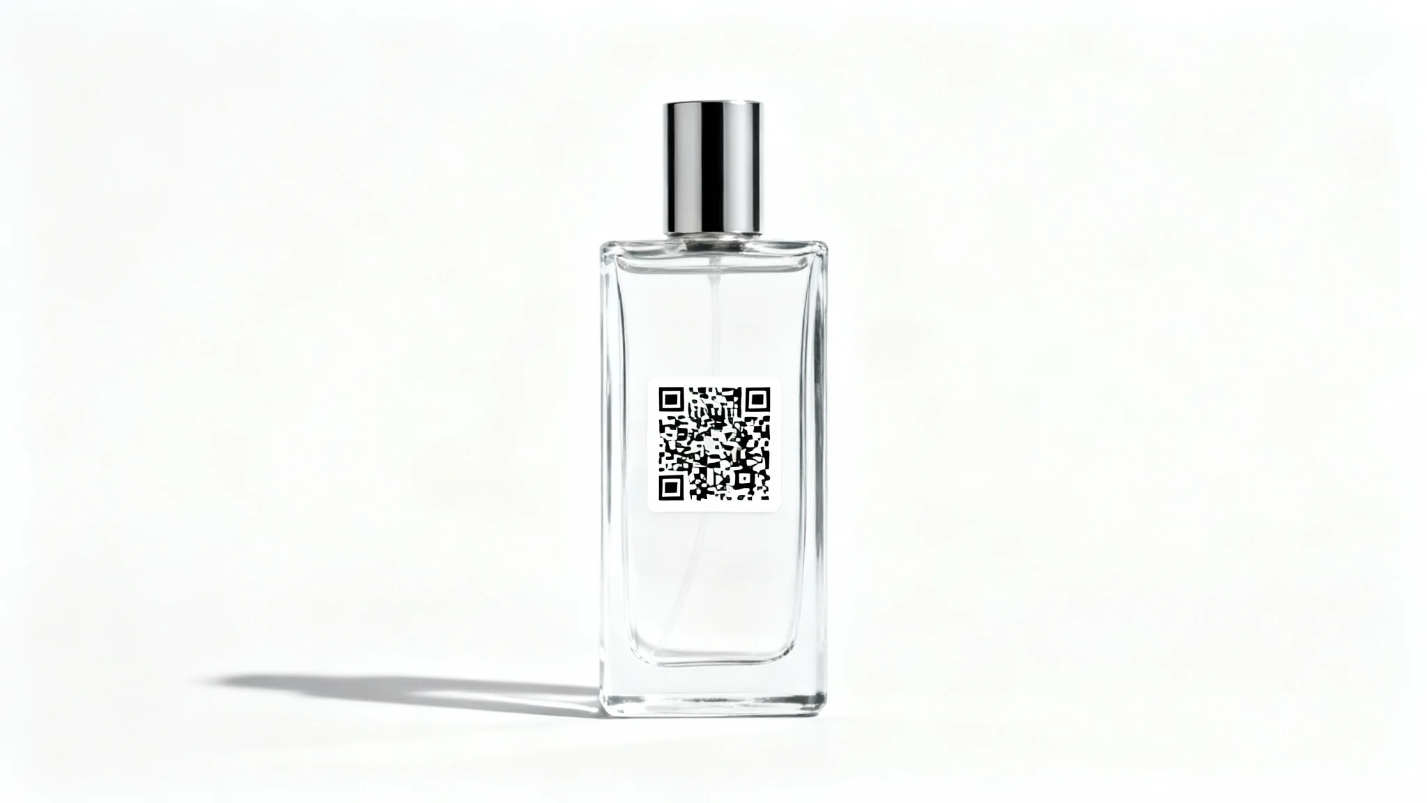 A mockup illustrating the 'add QR code to image' feature, showing a high-end perfume bottle on a white background with a clear QR code added to its surface.