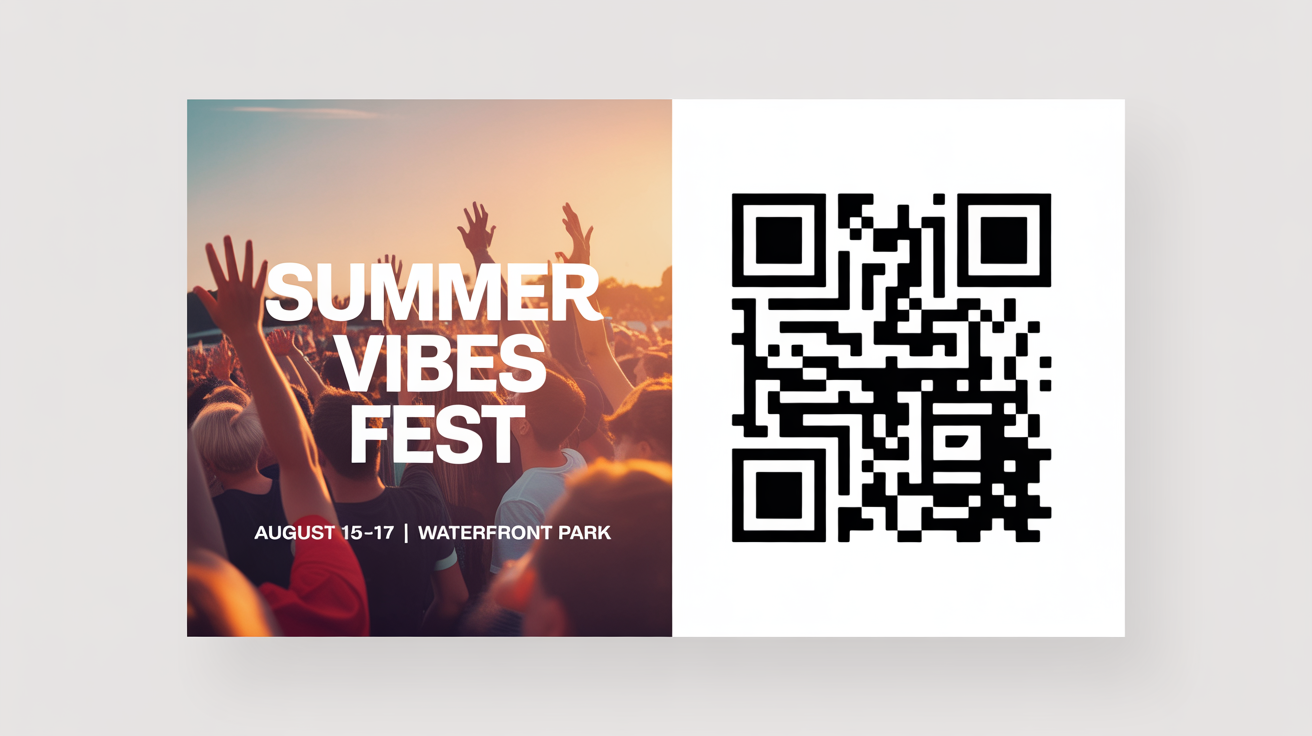 A promotional poster for 'SUMMER VIBES FEST' showing a concert crowd at sunset, with a QR code in the bottom corner for more information, presented against a clean white background.