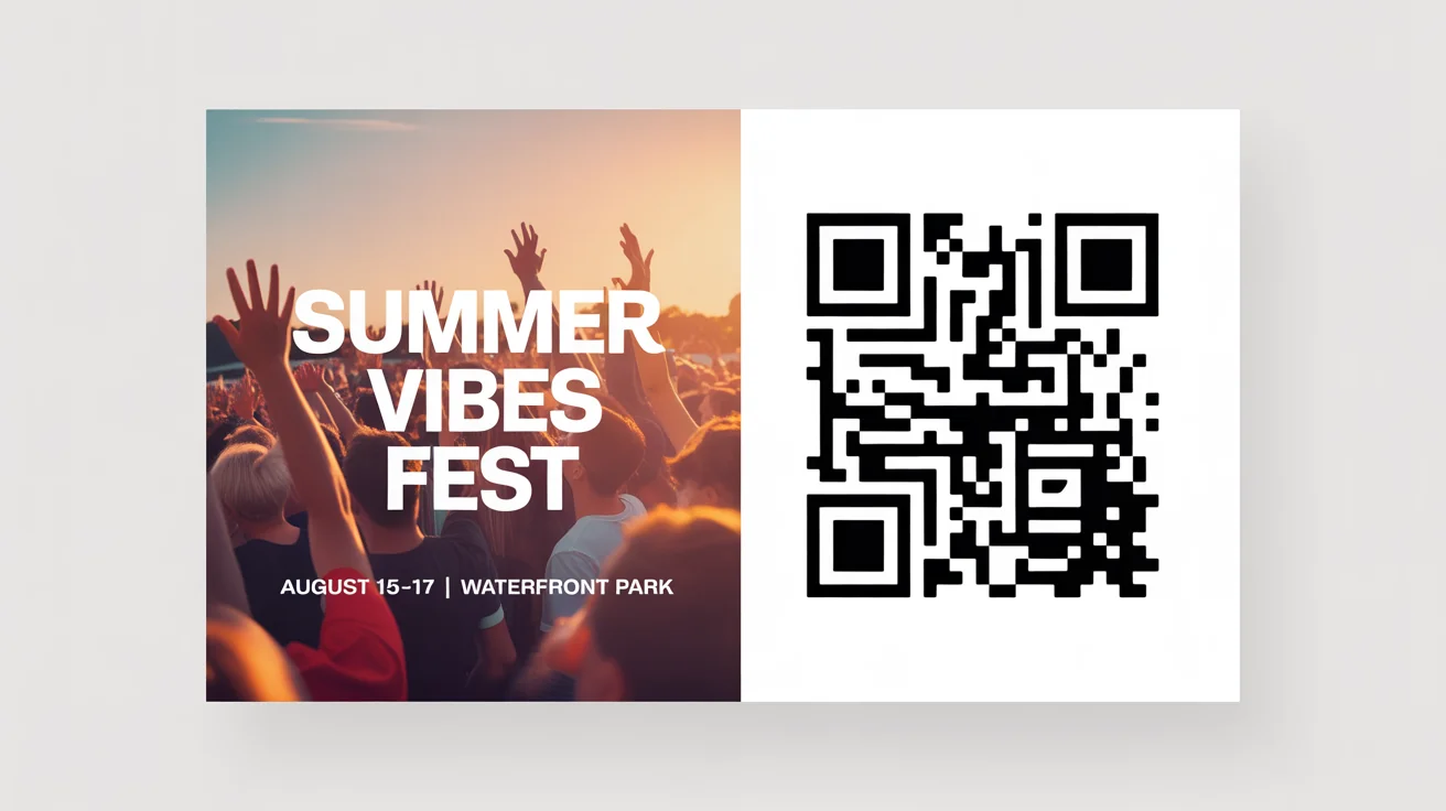 A promotional poster for 'SUMMER VIBES FEST' showing a concert crowd at sunset, with a QR code in the bottom corner for more information, presented against a clean white background.