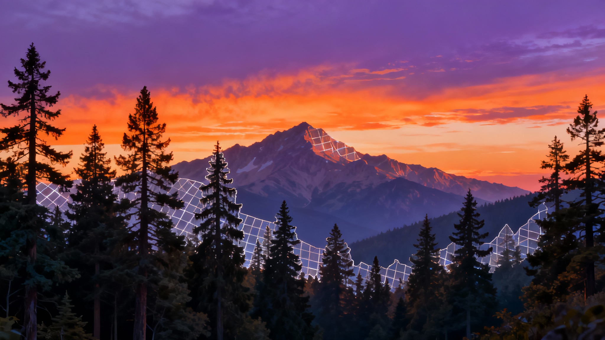 A digital design showing a transparent PNG of a pine treeline seamlessly layered over a beautiful mountain sunset, demonstrating a professional graphic design result.