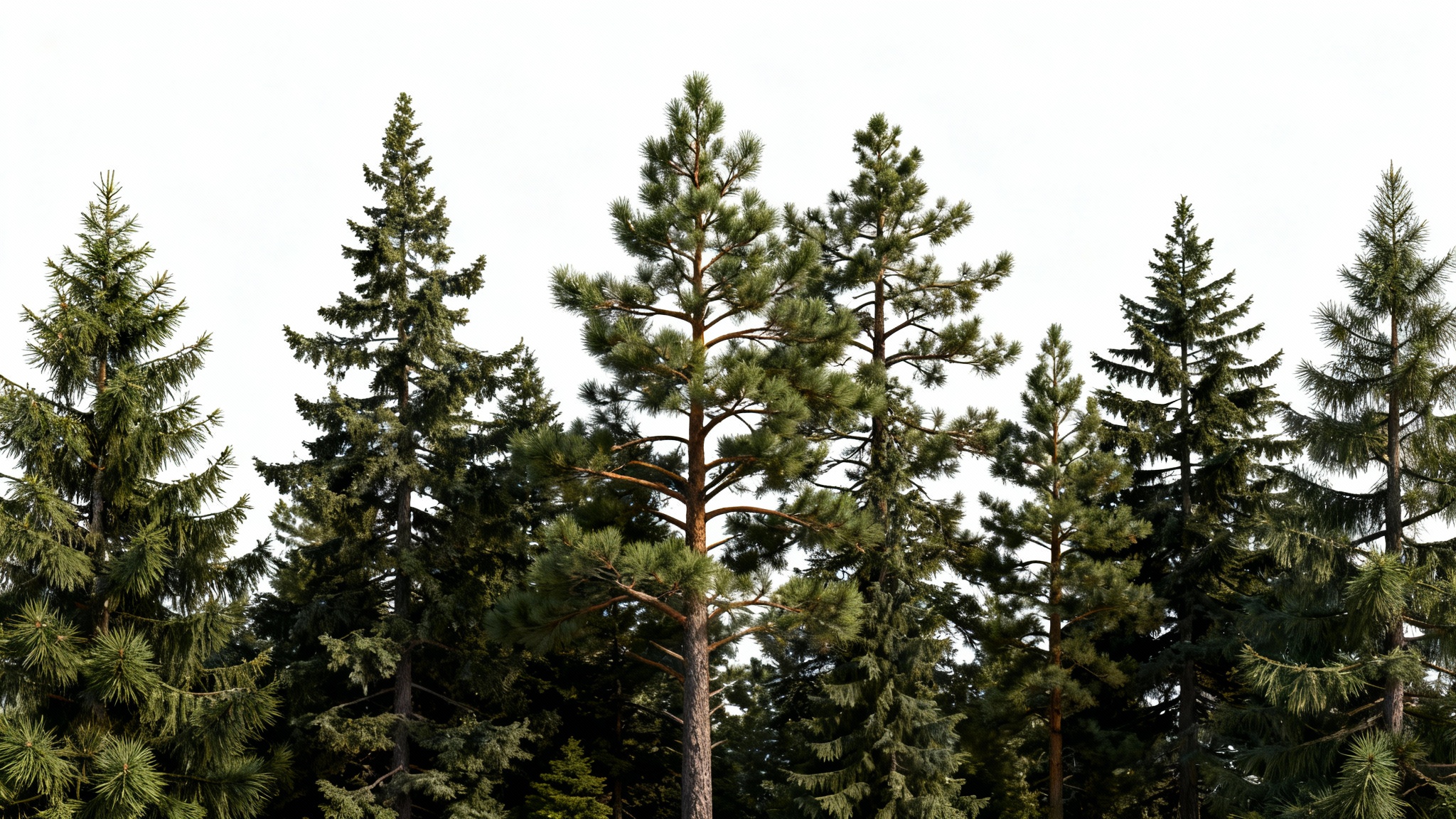 A photorealistic mockup of a transparent PNG image, showing a detailed treeline of pine and fir trees with sharp, clean edges, isolated on a pure white background.