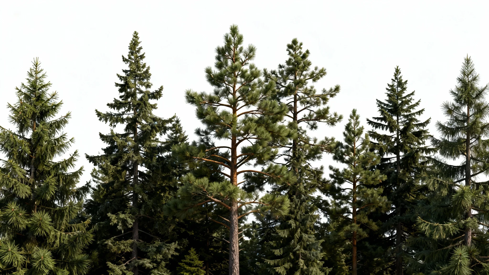 A photorealistic mockup of a transparent PNG image, showing a detailed treeline of pine and fir trees with sharp, clean edges, isolated on a pure white background.
