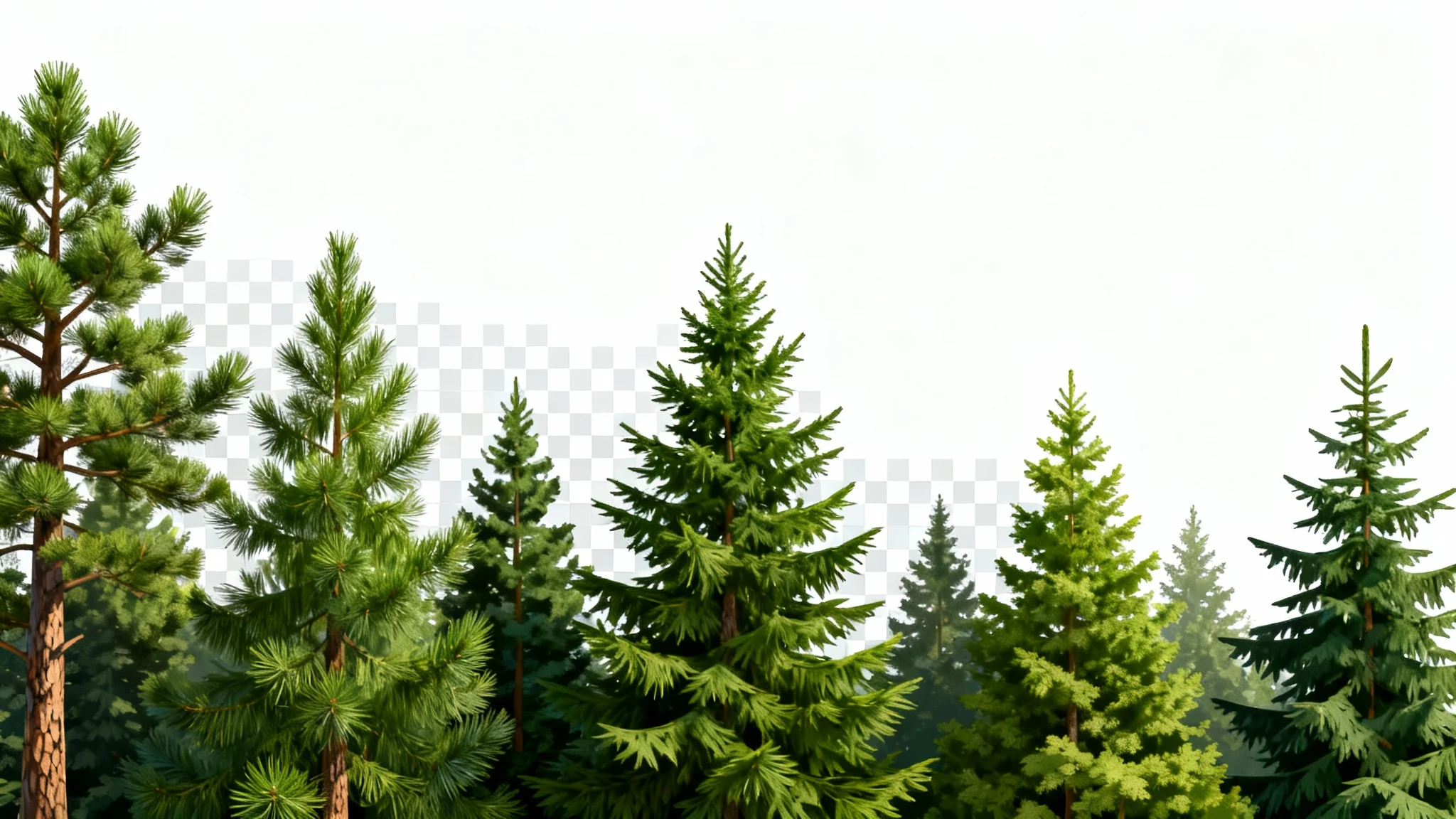 A high-quality image of a realistic treeline cutout with a checkerboard pattern behind it to signify a transparent background, presented as a mockup on a clean white surface.