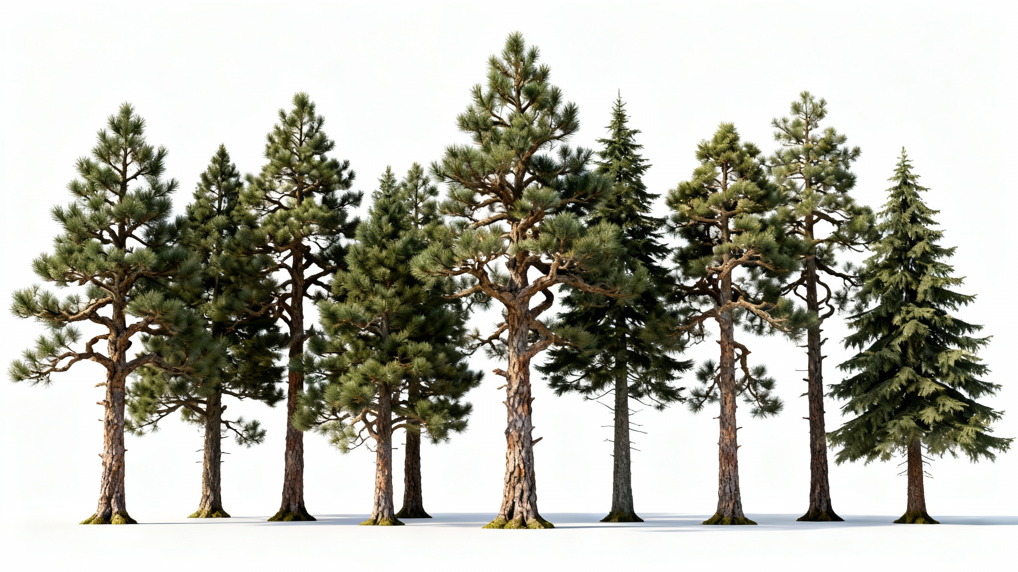 A photorealistic image of a dense treeline composed of various evergreen trees, isolated on a pure white background to simulate a transparent PNG file.