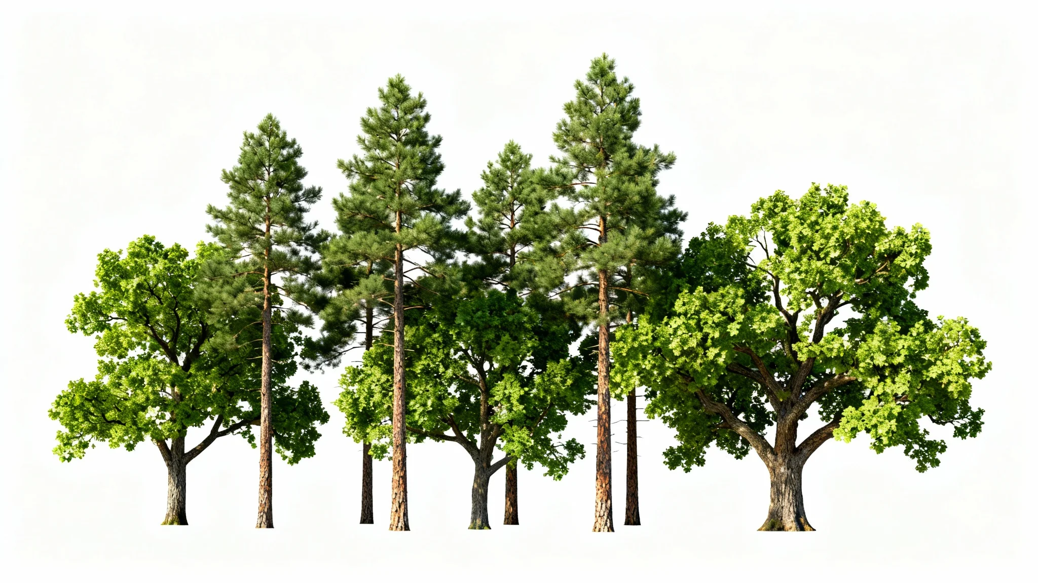 A high-resolution image of a realistic treeline, featuring pine and oak trees, isolated on a white background to represent a transparent PNG file.