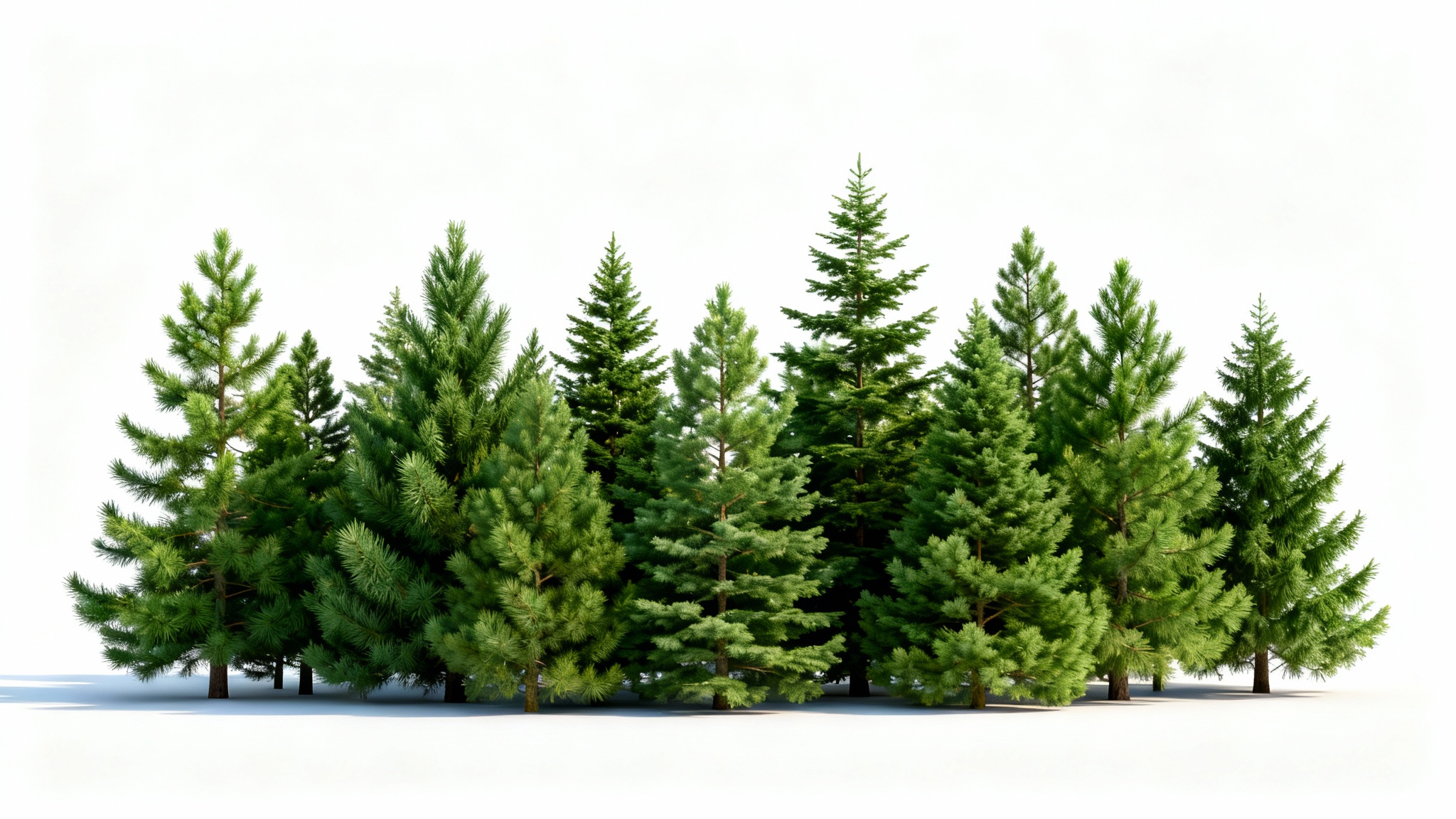 A realistic image of a line of green pine trees isolated on a white background, with a soft shadow underneath, representing a transparent PNG file.