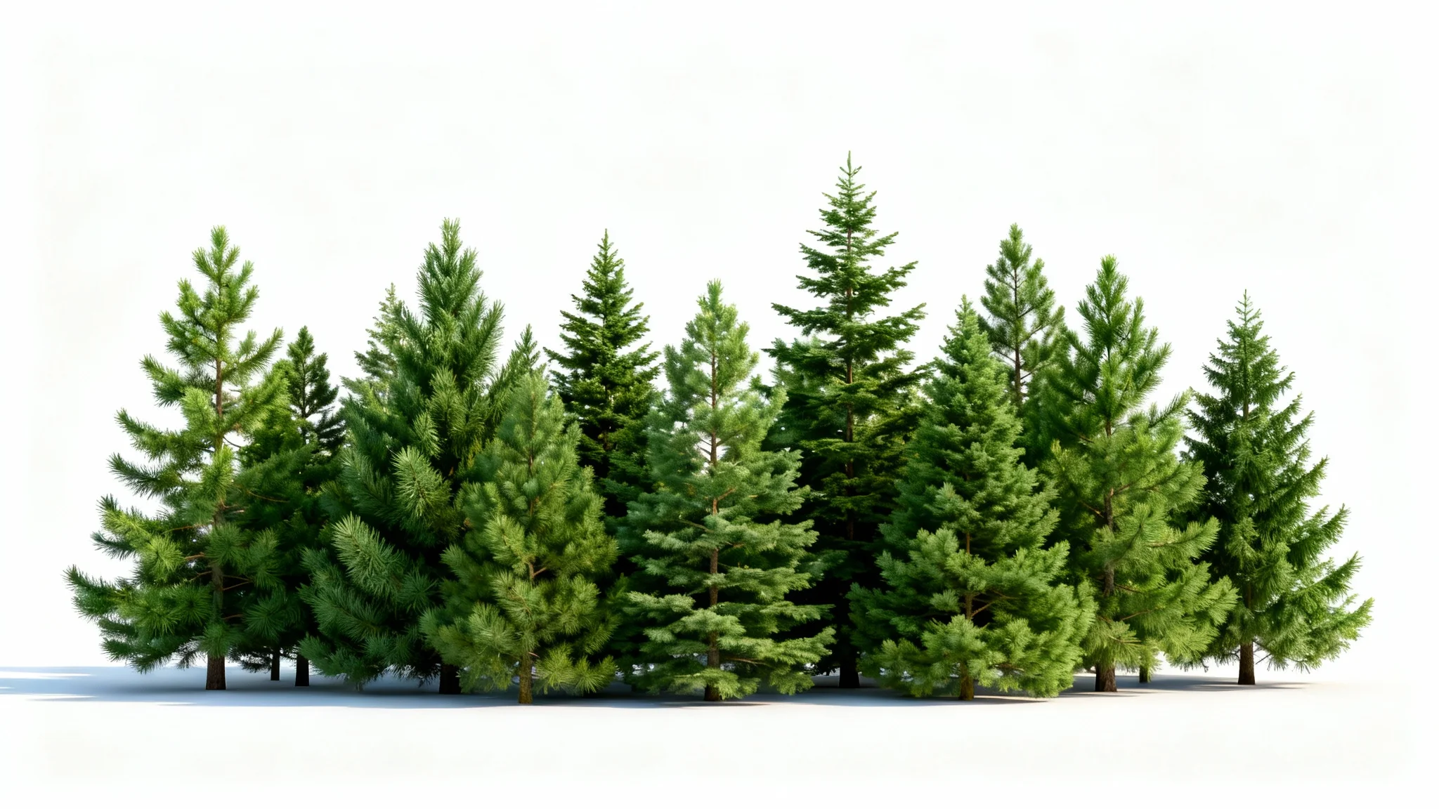 A realistic image of a line of green pine trees isolated on a white background, with a soft shadow underneath, representing a transparent PNG file.