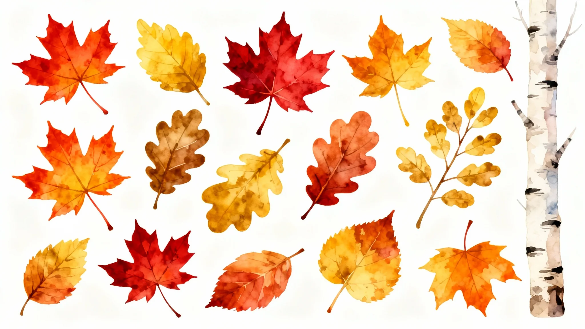 A vibrant collection of autumn leaf clip art, featuring various leaf shapes in red, orange, and yellow, artfully arranged on a clean white background.