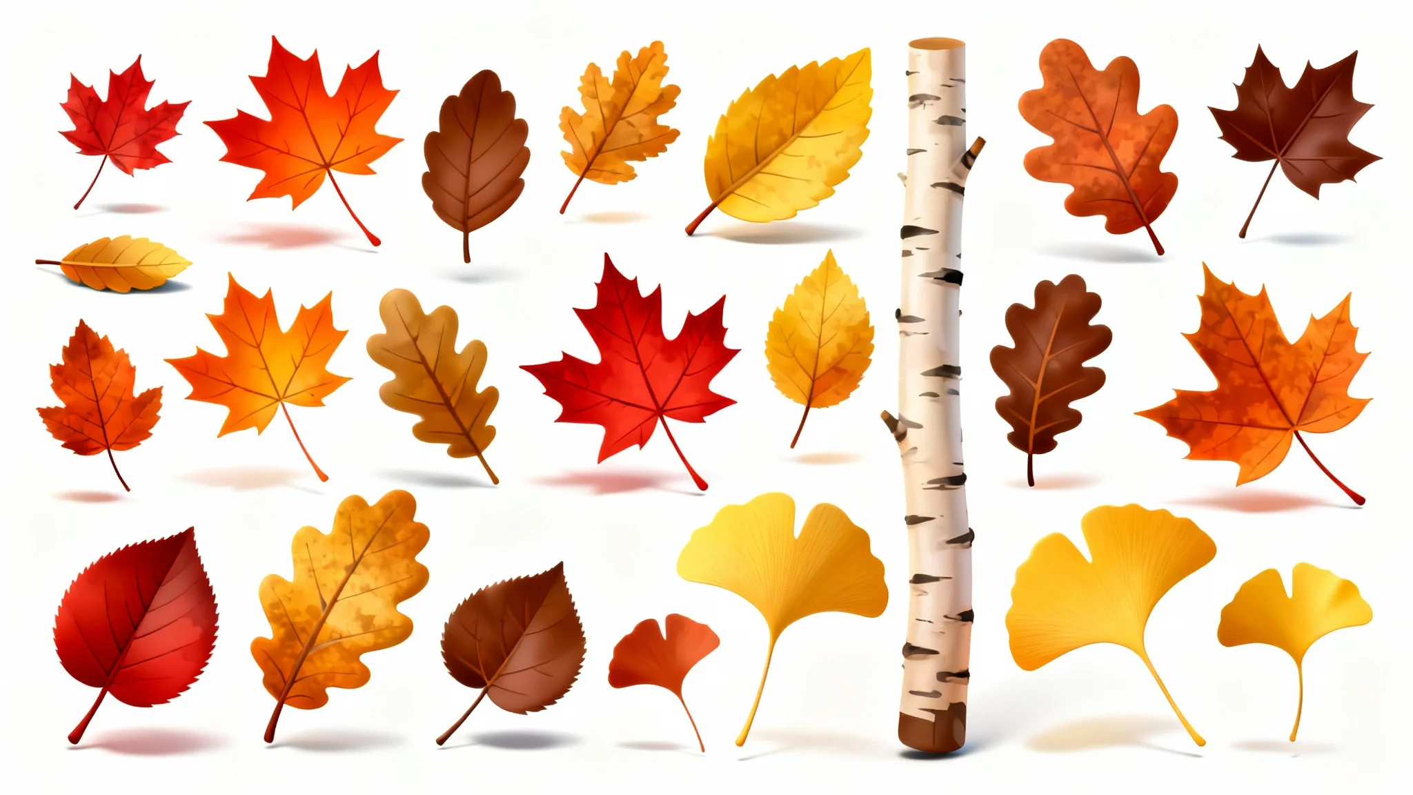 A colorful collection of autumn leaf clip art, featuring various leaf shapes like maple and oak in shades of red, orange, and yellow, presented in a clean vector style on a white background.