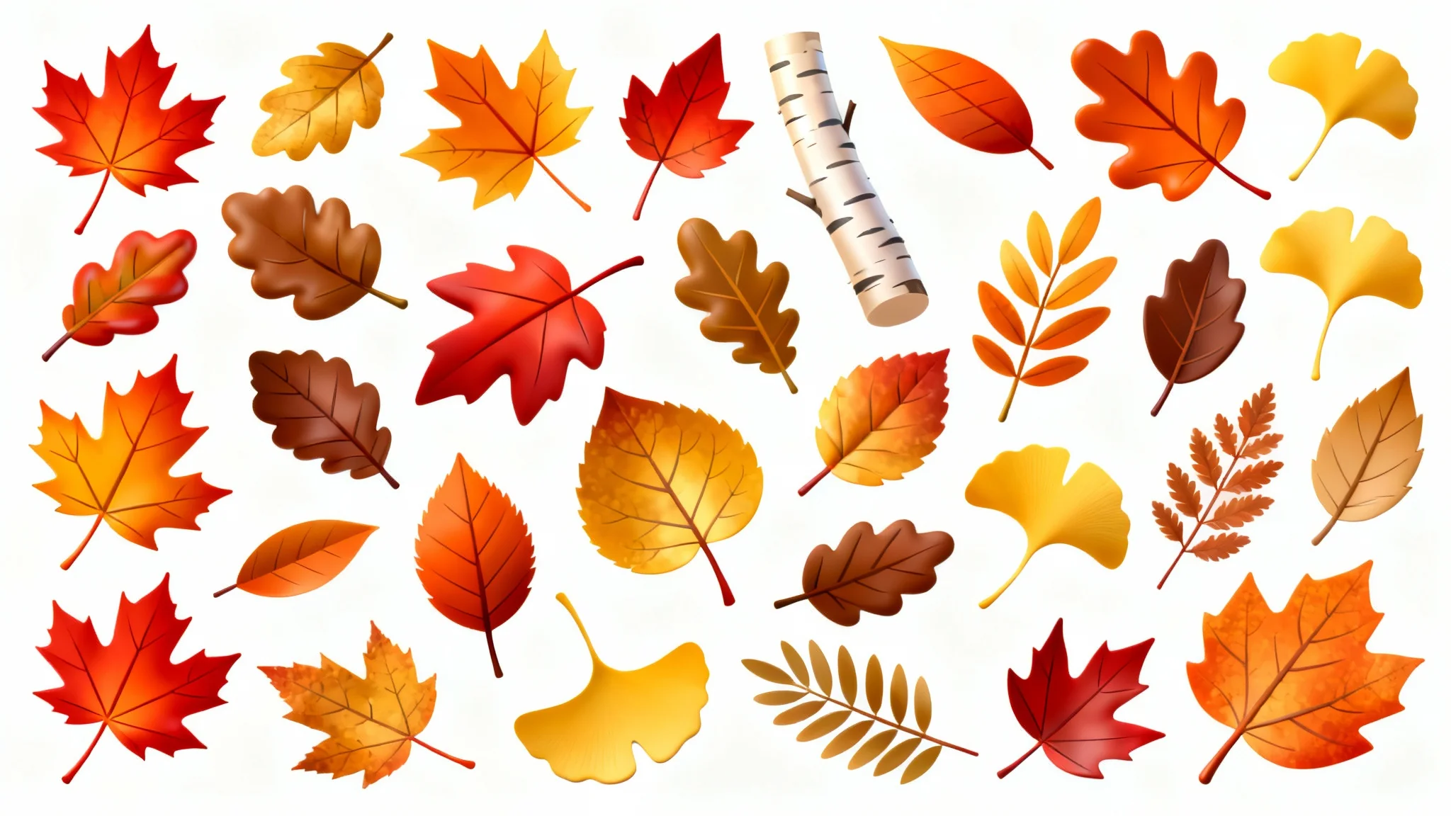 A collection of stylized clip art of various autumn leaves, including maple and oak, in rich shades of red, orange, and yellow, arranged on a clean white background.