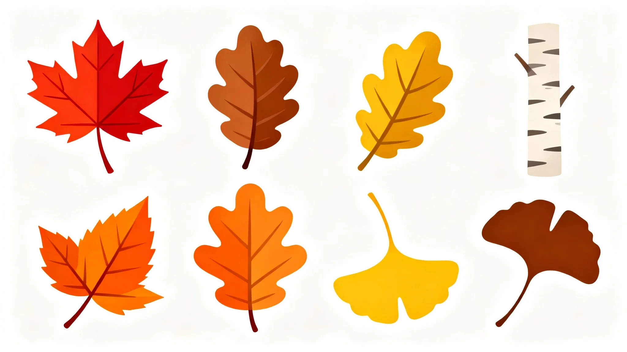 A vibrant collection of autumn leaf clip art, featuring stylized illustrations of maple, oak, and ginkgo leaves in shades of red, orange, and yellow, neatly arranged on a plain white background.