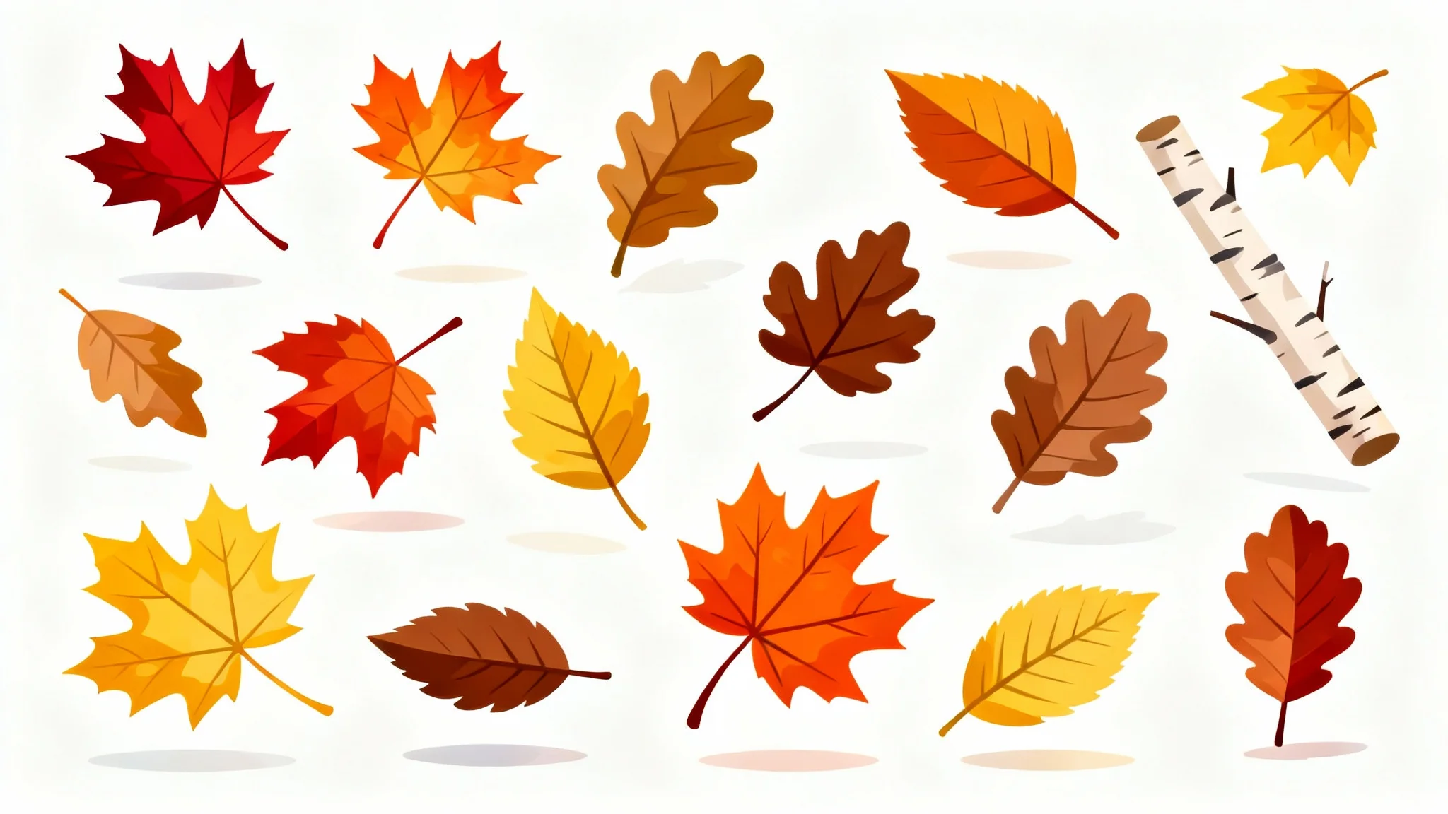 A collection of colorful autumn leaf clip art, including maple and oak leaves in red, orange, and yellow, arranged on a white background.