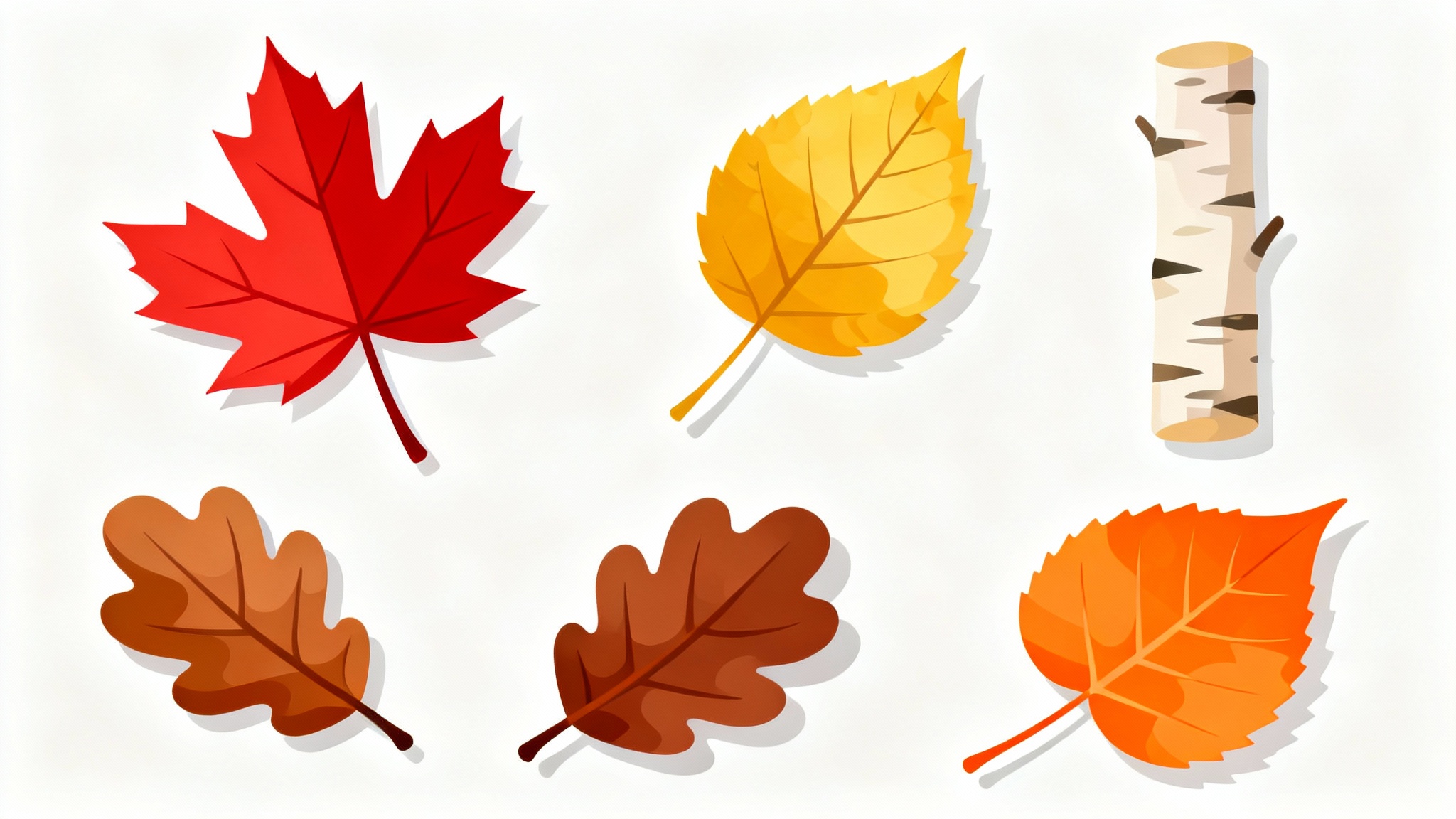 A collection of stylized autumn leaf clip art, featuring maple, oak, and birch leaves in shades of red, orange, and yellow, arranged on a plain white background.