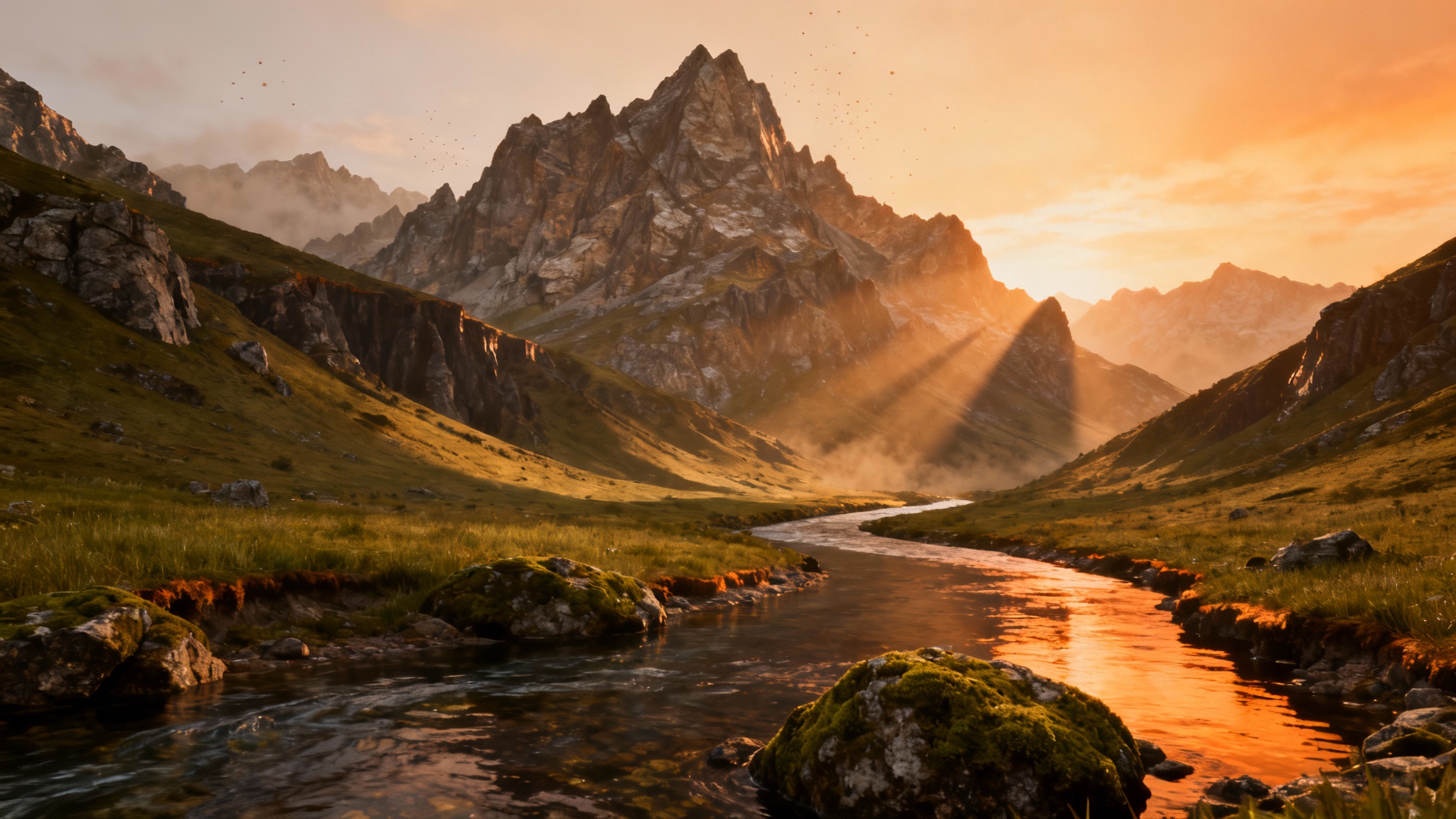 A photorealistic 3D landscape render created from a height map, featuring dramatic mountains and a river at golden hour, showcasing a stunning final result.