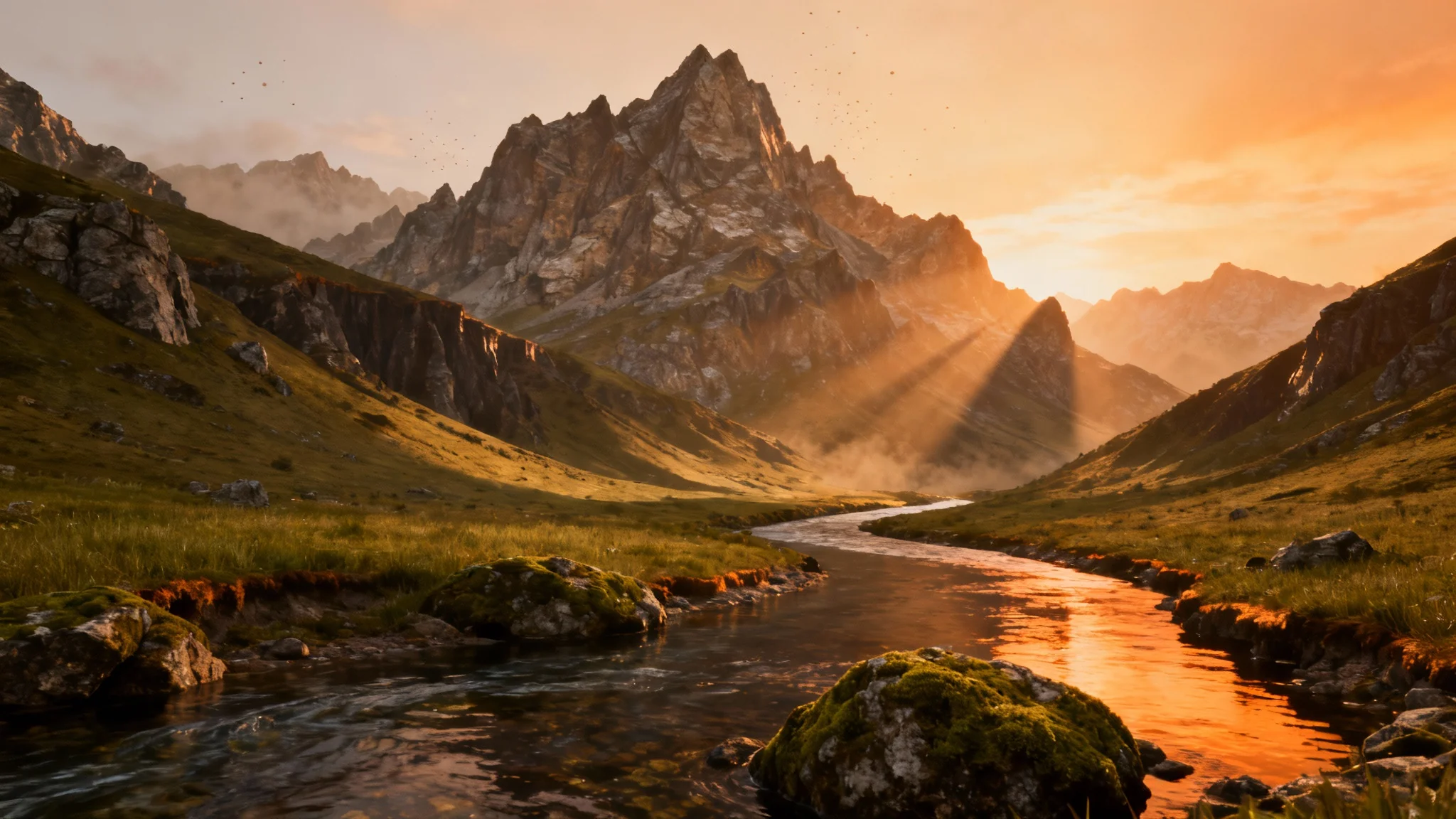 A photorealistic 3D landscape render created from a height map, featuring dramatic mountains and a river at golden hour, showcasing a stunning final result.