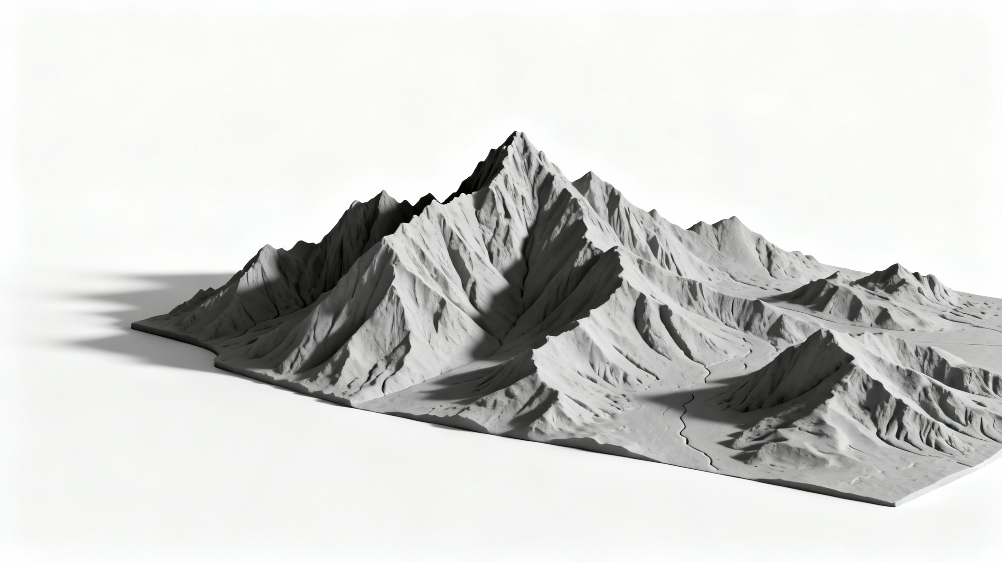 A 3D clay model of a mountain range, representing a digital height map, shown against a clean white background with dramatic side lighting.