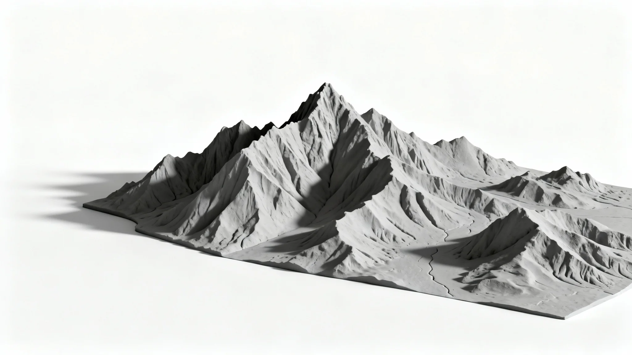 A 3D clay model of a mountain range, representing a digital height map, shown against a clean white background with dramatic side lighting.