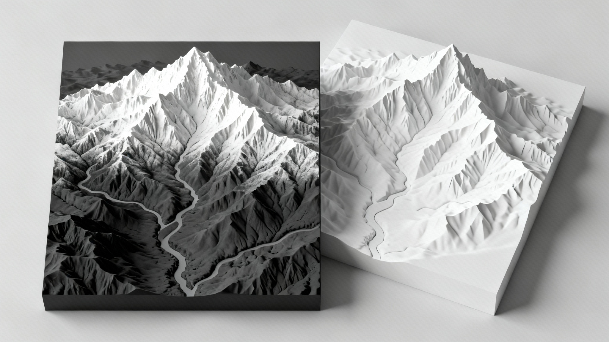 A conceptual image showing a 2D grayscale height map of a mountain range next to its corresponding 3D rendered terrain model, all against a clean white background.