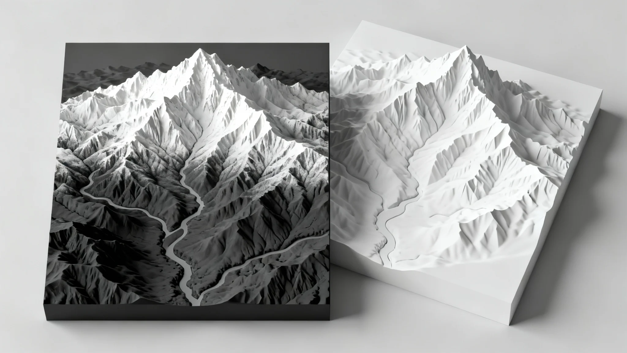 A conceptual image showing a 2D grayscale height map of a mountain range next to its corresponding 3D rendered terrain model, all against a clean white background.