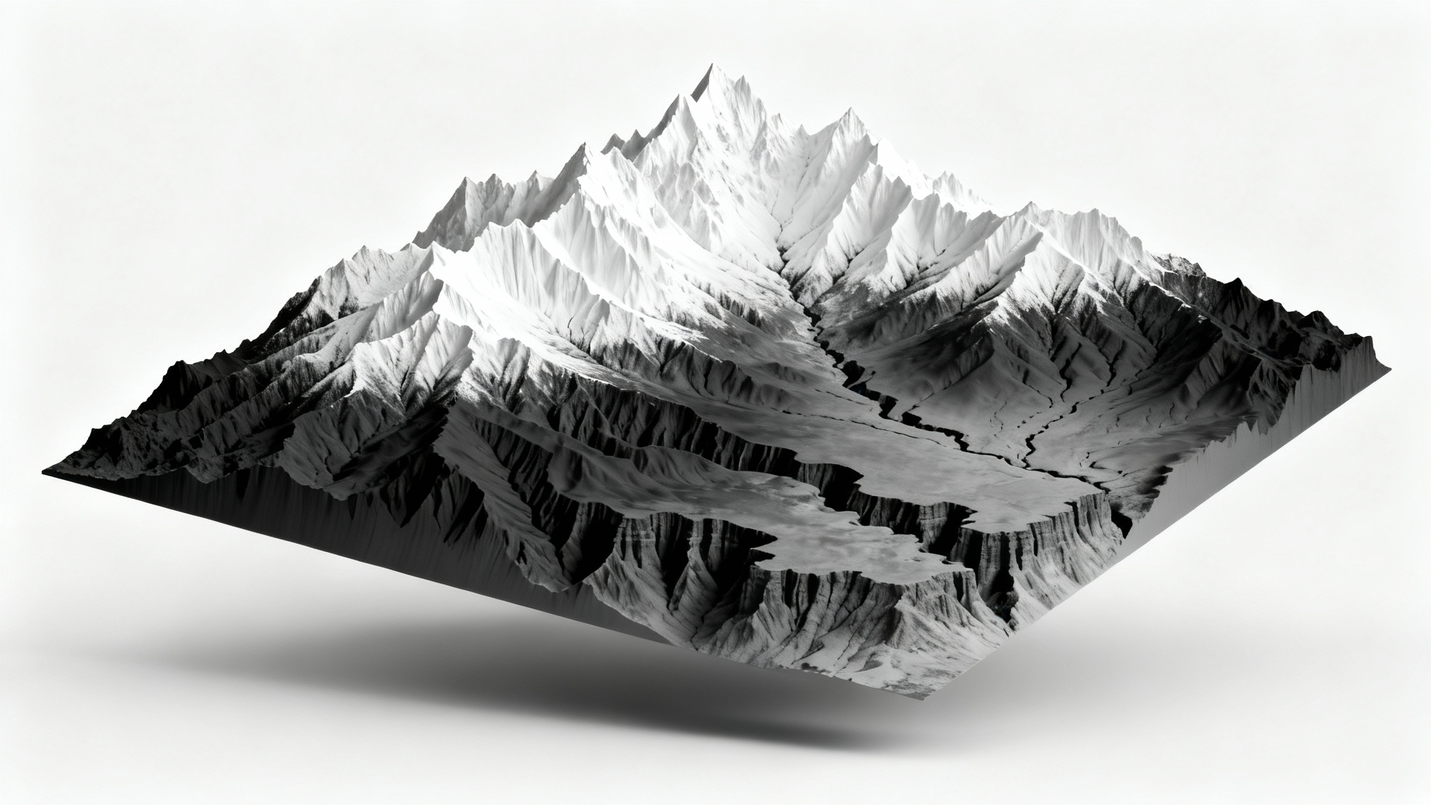 A top-down grayscale height map of a mountainous landscape on a white background, using shades from white (highest peaks) to black (deepest valleys) to represent elevation.