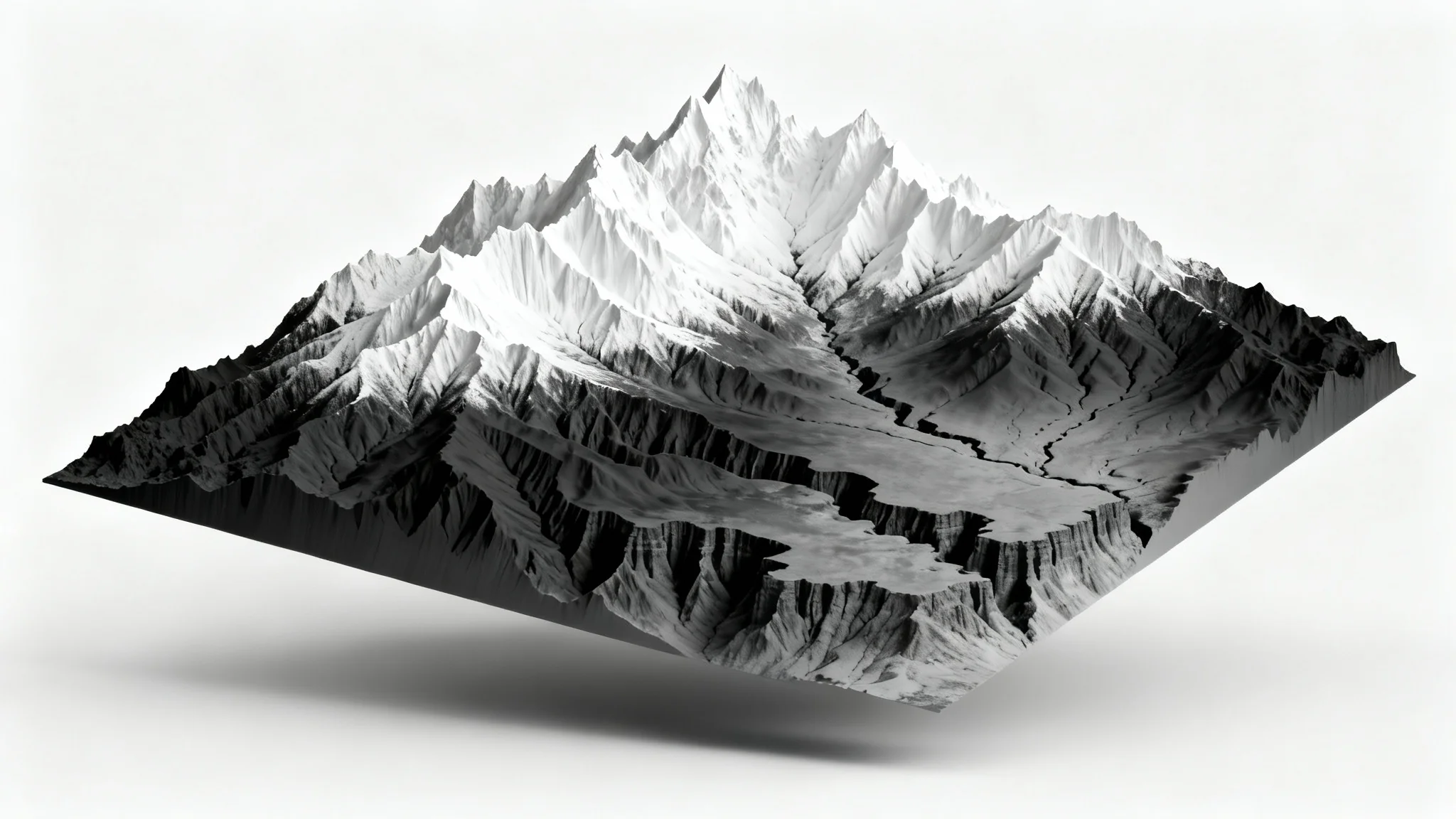 A top-down grayscale height map of a mountainous landscape on a white background, using shades from white (highest peaks) to black (deepest valleys) to represent elevation.