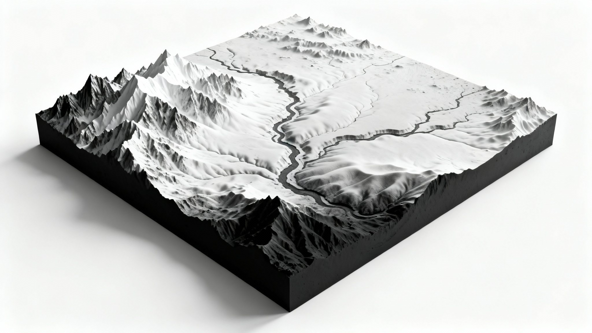 A detailed, top-down view of a grayscale height map used for 3D terrain generation, showing mountains, valleys, and plains, on a clean white background.