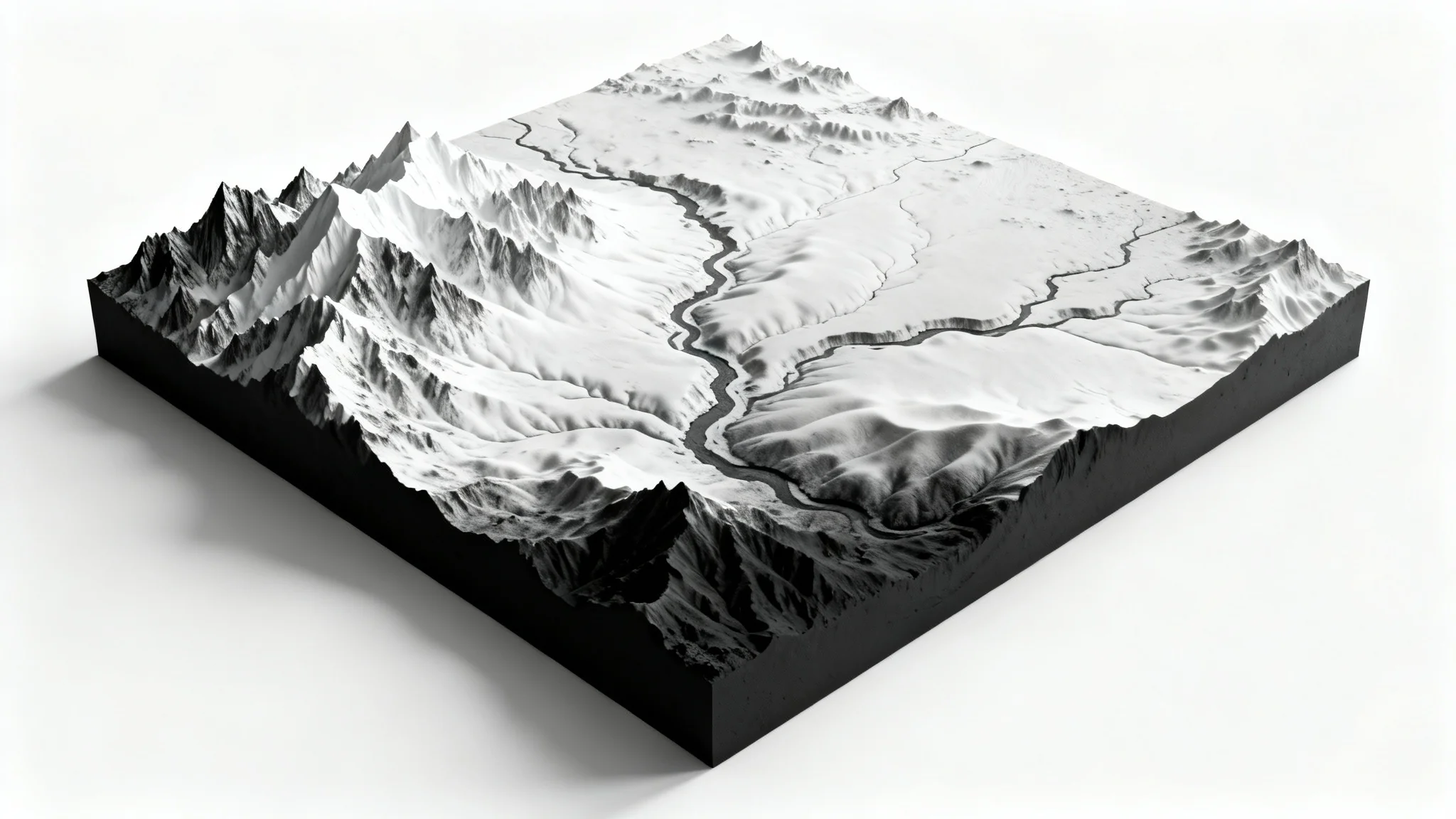 A detailed, top-down view of a grayscale height map used for 3D terrain generation, showing mountains, valleys, and plains, on a clean white background.