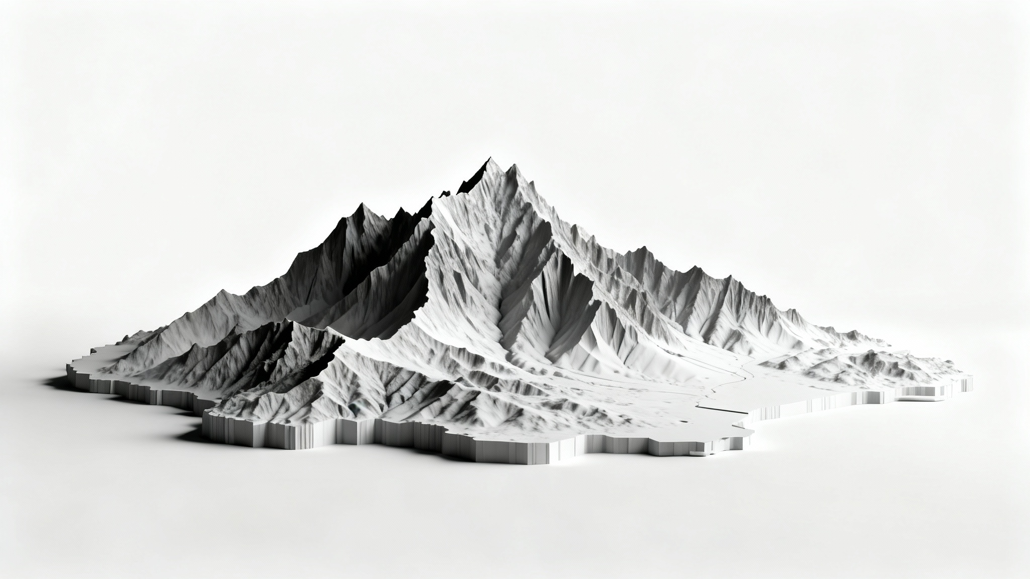 A 3D digital rendering of a height map, showing a monochrome mountainous terrain with detailed peaks and valleys, isolated on a plain white background.