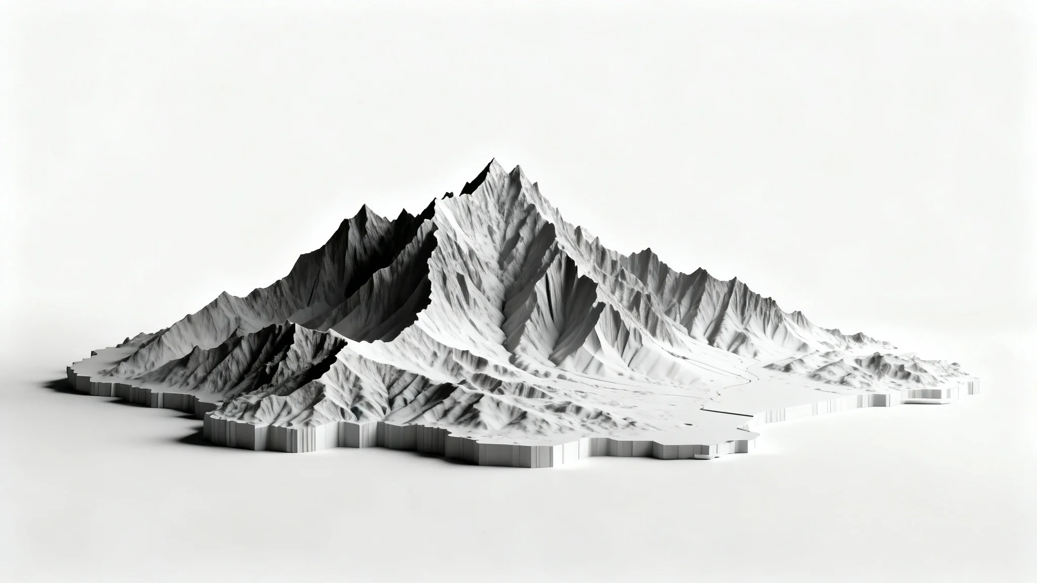 A 3D digital rendering of a height map, showing a monochrome mountainous terrain with detailed peaks and valleys, isolated on a plain white background.