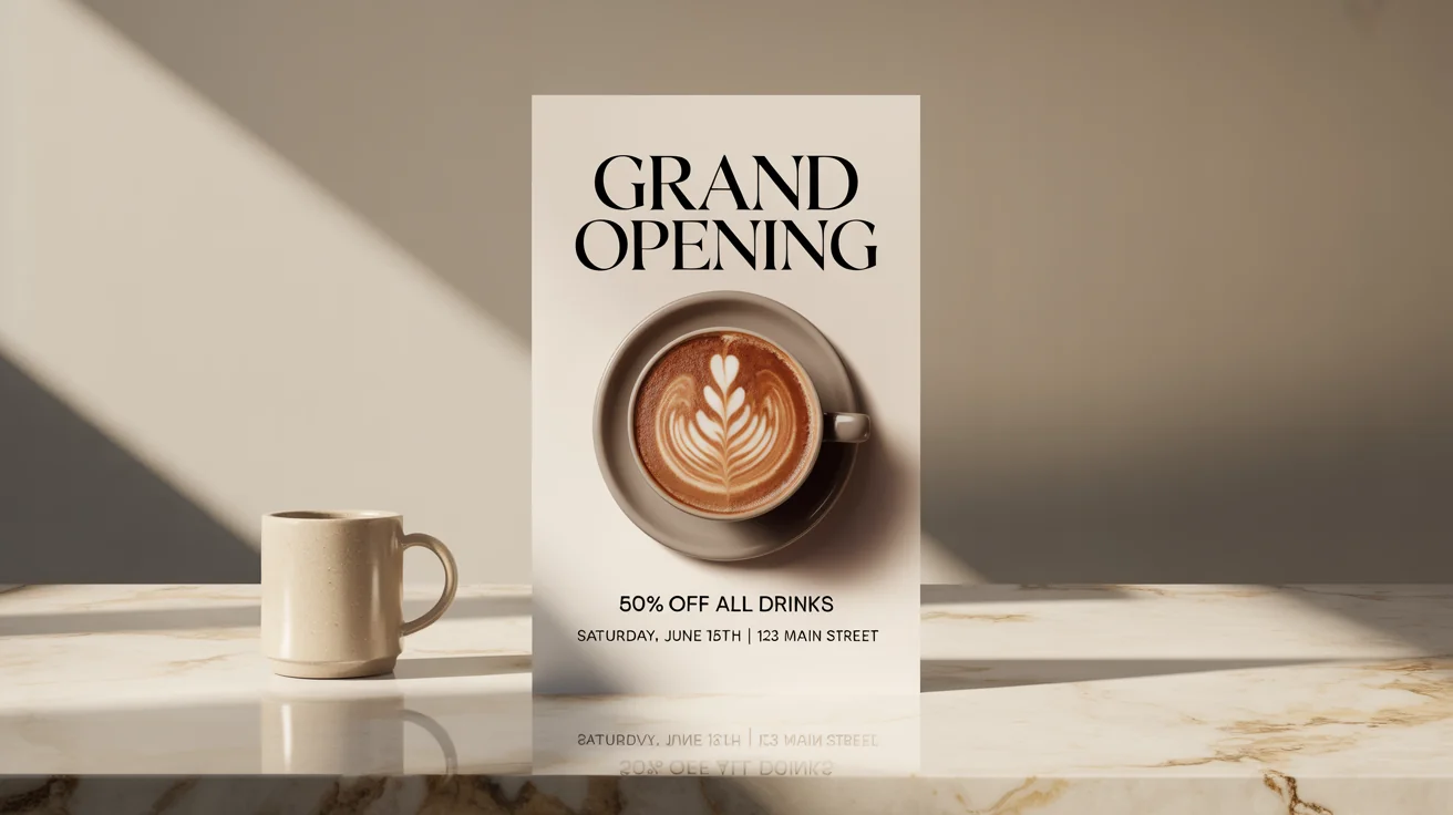 A professionally designed promotional flyer for a coffee shop's grand opening, featuring a picture of a latte and text for the event details, shown as a final design.