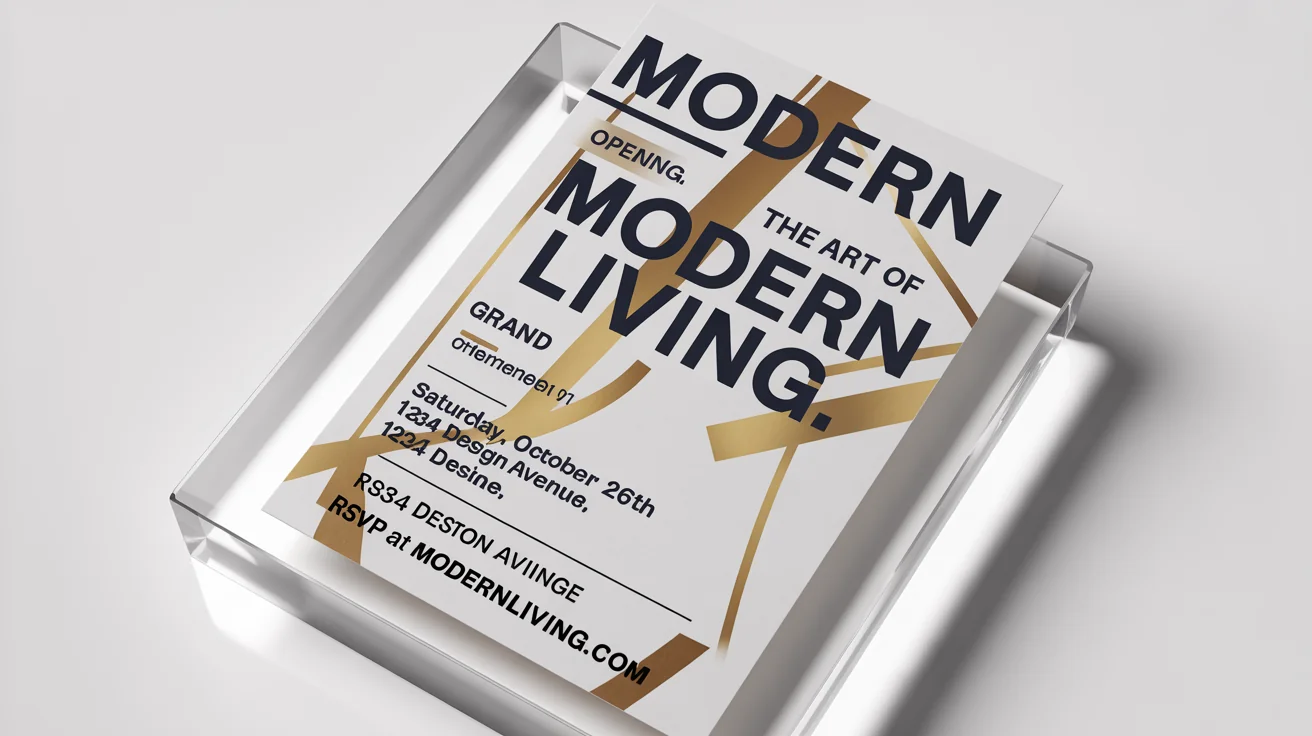 A modern and elegant promotional flyer mockup for a 'Grand Opening' event, featuring navy blue, gold, and white colors, displayed on a clean white background.