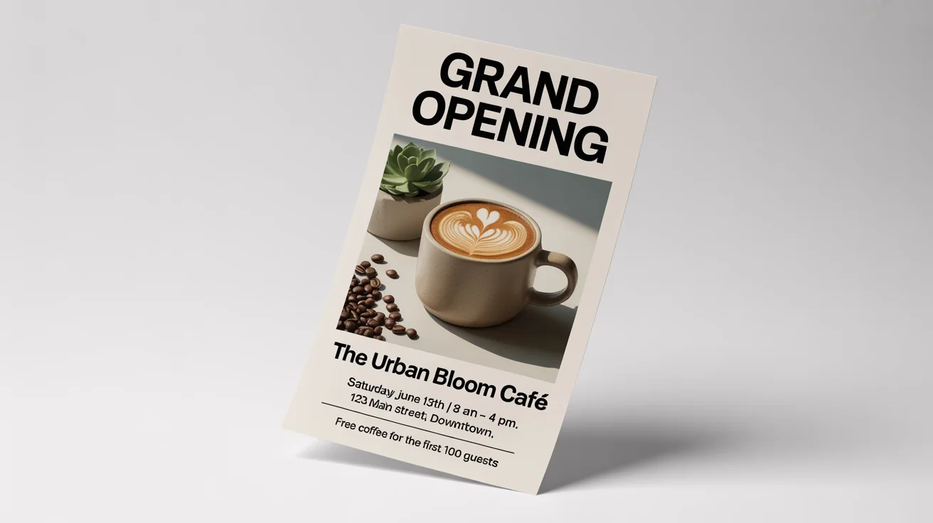 A promotional flyer mockup for the grand opening of 'The Urban Bloom Café', featuring a picture of latte art and event details, set against a white background.