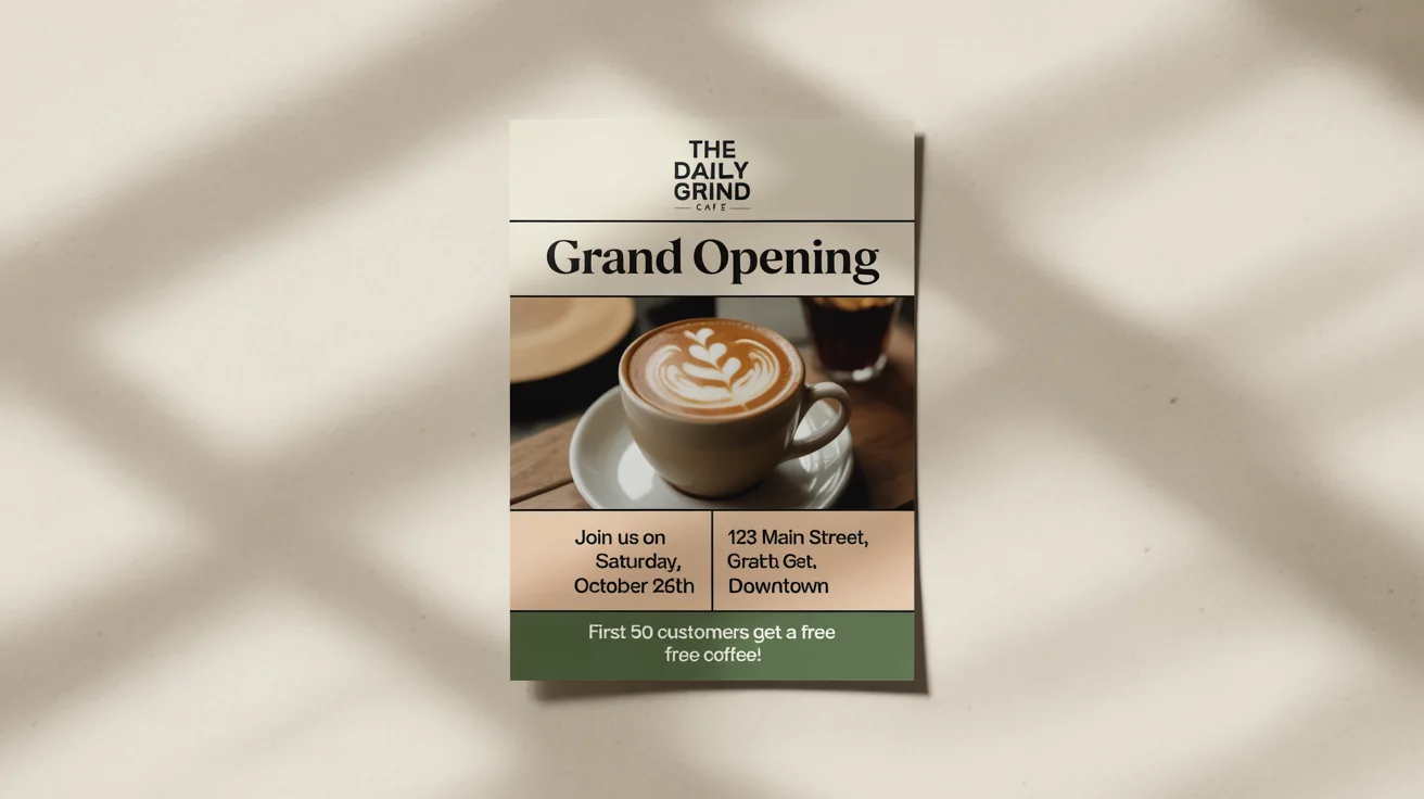 A modern promotional flyer for the grand opening of 'The Daily Grind' cafe, featuring a picture of a latte and event details, set against a clean white background.