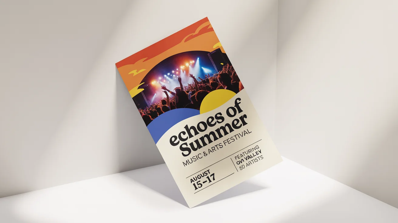A promotional flyer for the 'Echoes of Summer' music and arts festival, showing a crowd silhouetted against a festival stage, with event dates and location details. The flyer is on a white background.