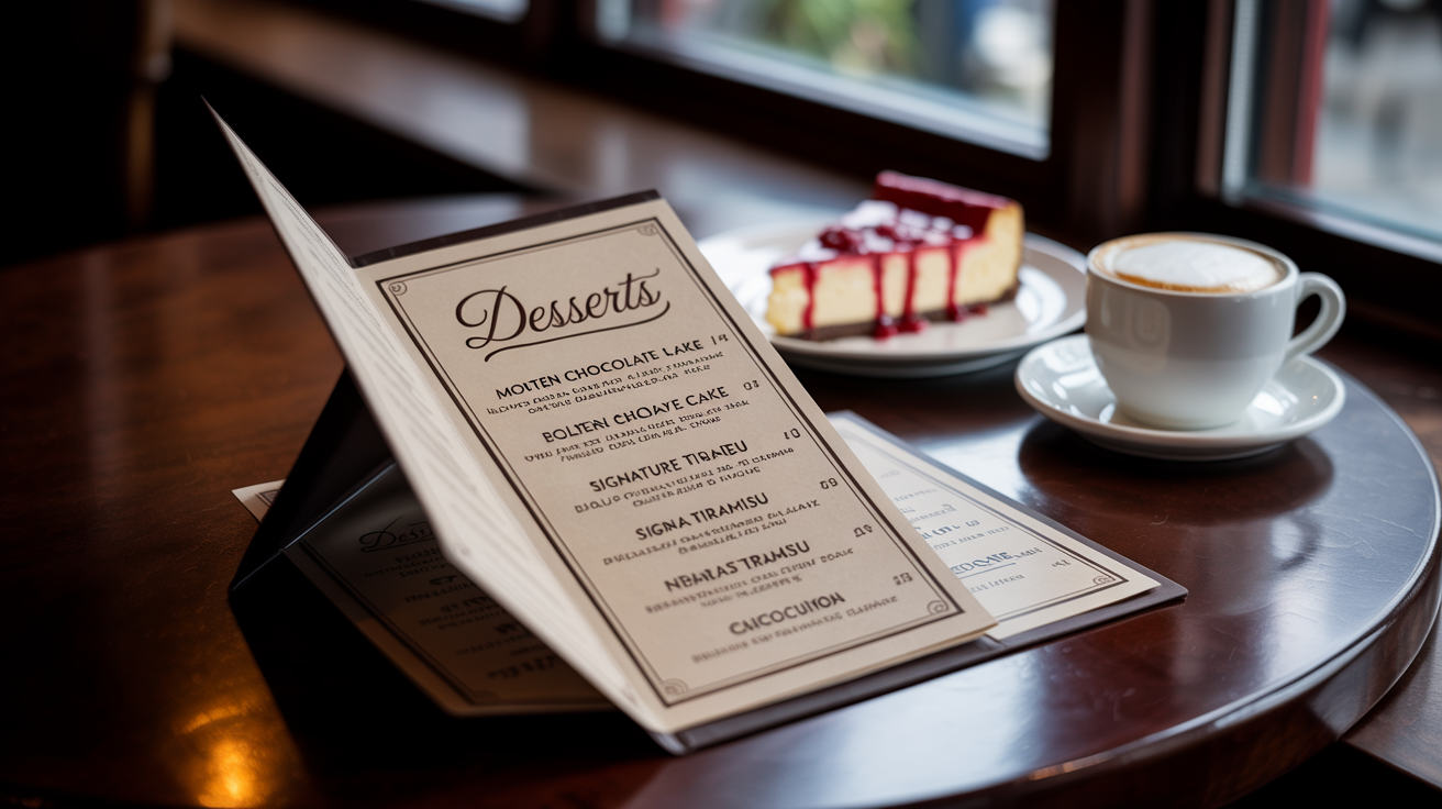 A professionally designed dessert menu lying open on a dark wooden table next to a slice of cheesecake and a cappuccino, representing a final design output.