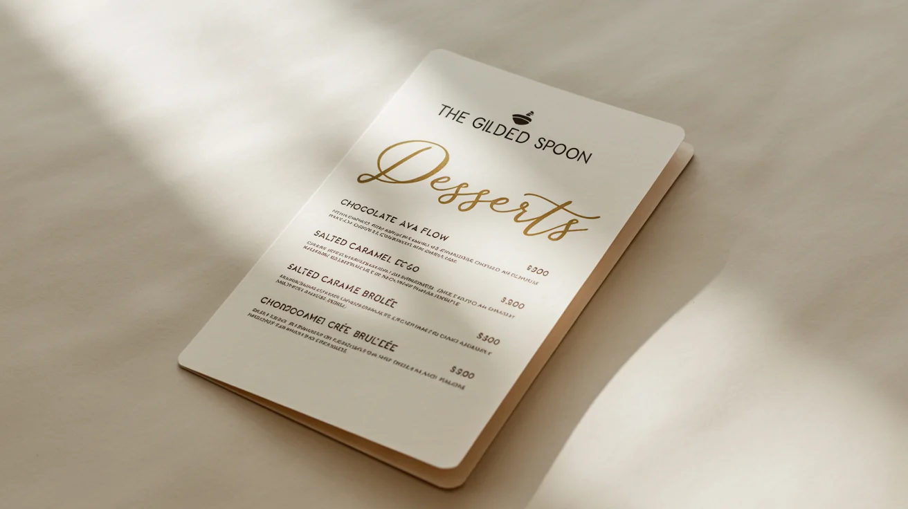 An elegant dessert menu mockup for 'The Gilded Spoon' restaurant, featuring gold foil lettering and a list of four desserts with prices, presented on thick cardstock against a white background.