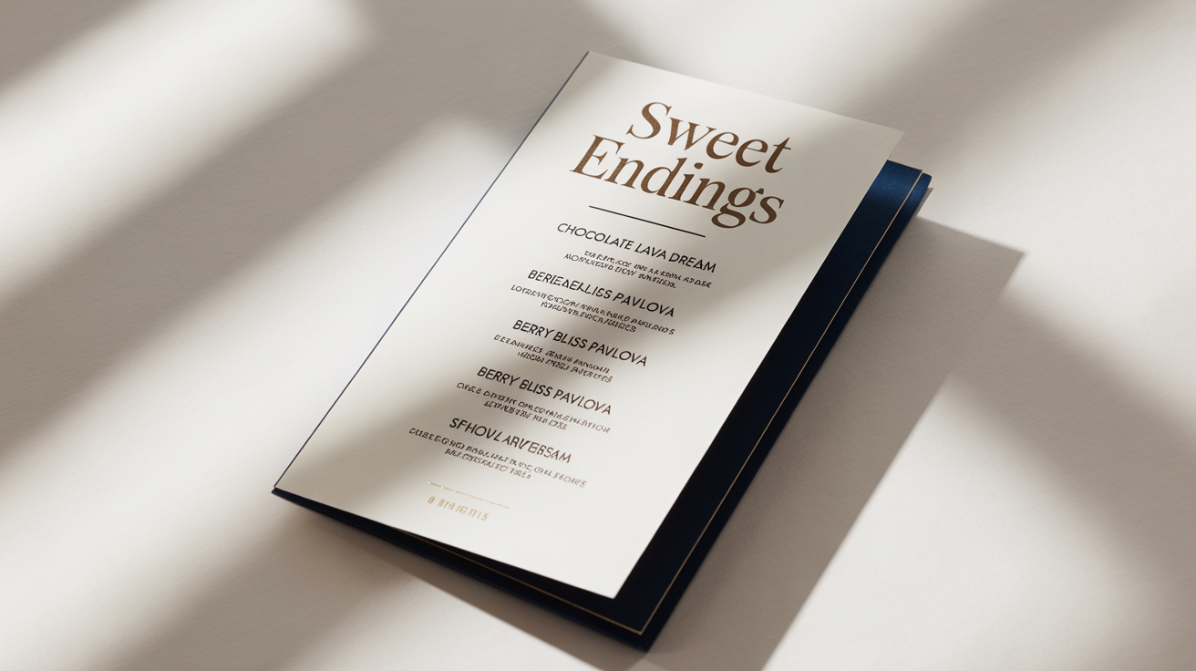 An elegant, modern dessert menu titled 'Sweet Endings' in gold font, featuring a list of gourmet desserts, displayed on a crisp white background.