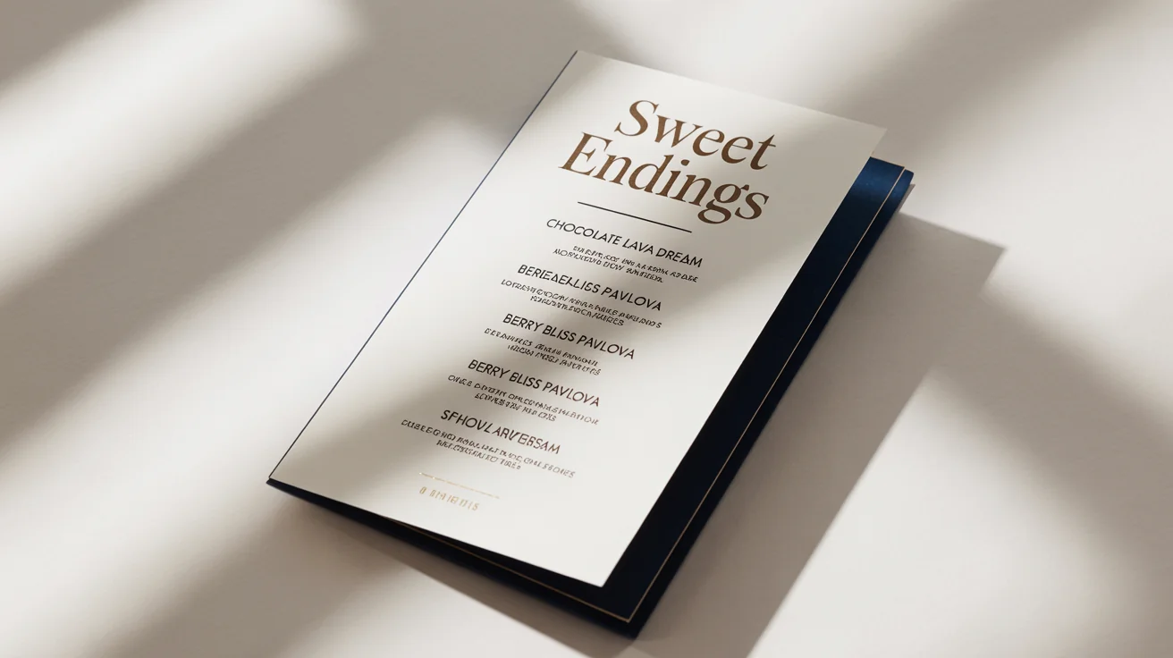 An elegant, modern dessert menu titled 'Sweet Endings' in gold font, featuring a list of gourmet desserts, displayed on a crisp white background.