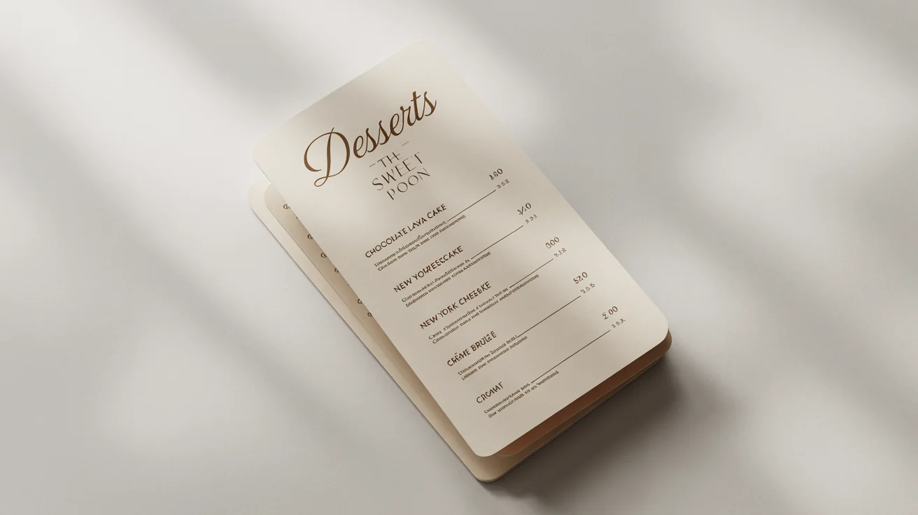 An elegantly designed dessert menu for a fictional restaurant called 'The Sweet Spoon', showcasing various desserts on a clean, white background.