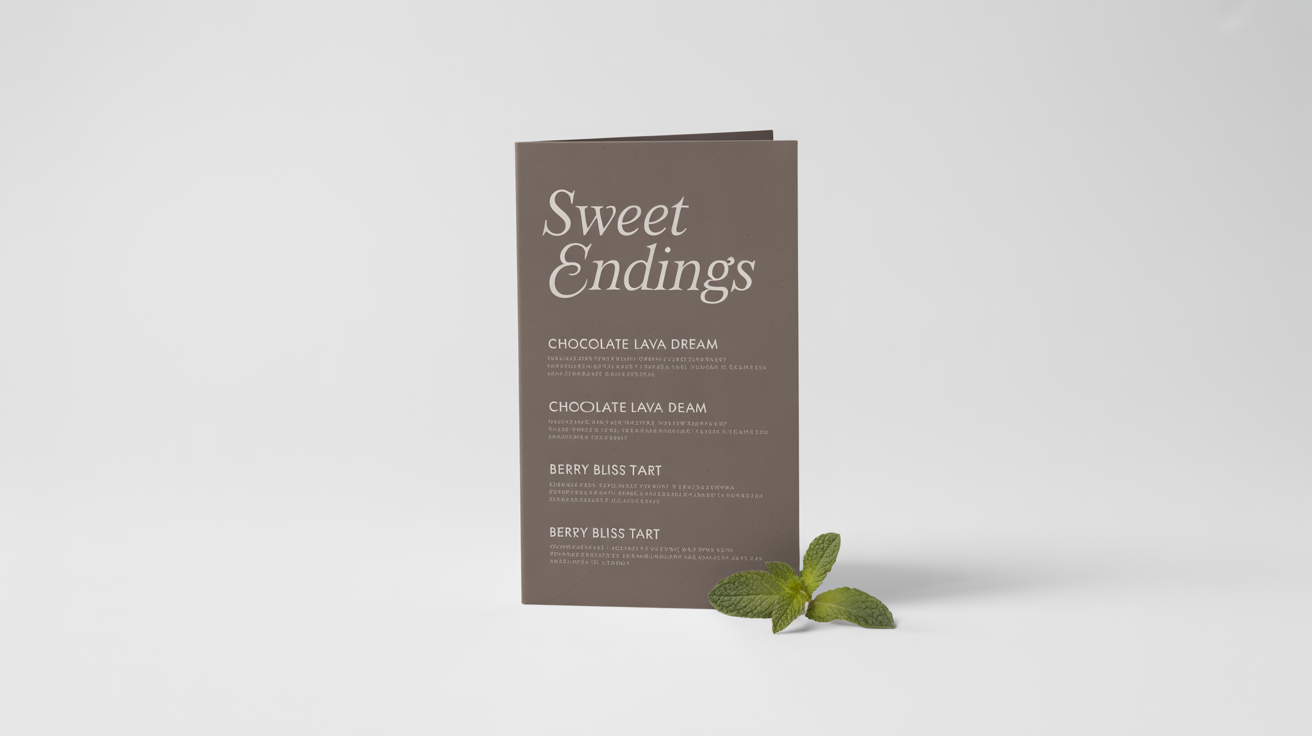 A mockup of a modern and elegant dessert menu titled 'Sweet Endings', featuring sections for cakes and frozen treats, displayed on a clean white background.