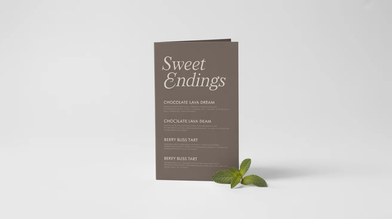 A mockup of a modern and elegant dessert menu titled 'Sweet Endings', featuring sections for cakes and frozen treats, displayed on a clean white background.