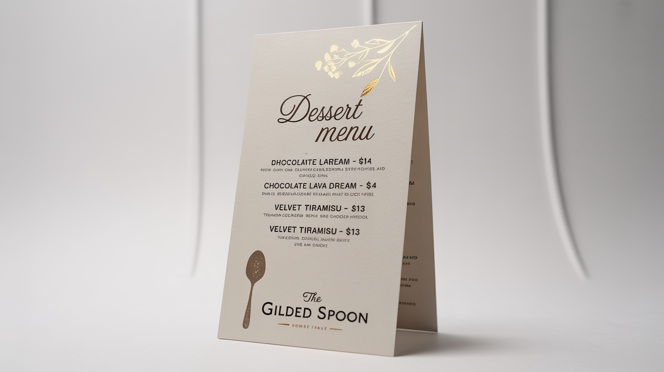 A photorealistic mockup of a modern and elegant dessert menu for a fictional restaurant called 'The Gilded Spoon', featuring gold accents and displayed on a clean white background.