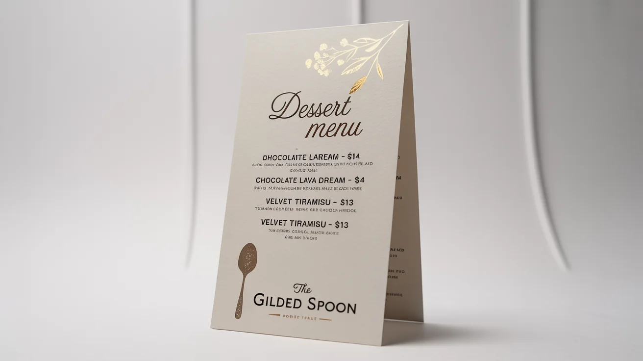 A photorealistic mockup of a modern and elegant dessert menu for a fictional restaurant called 'The Gilded Spoon', featuring gold accents and displayed on a clean white background.