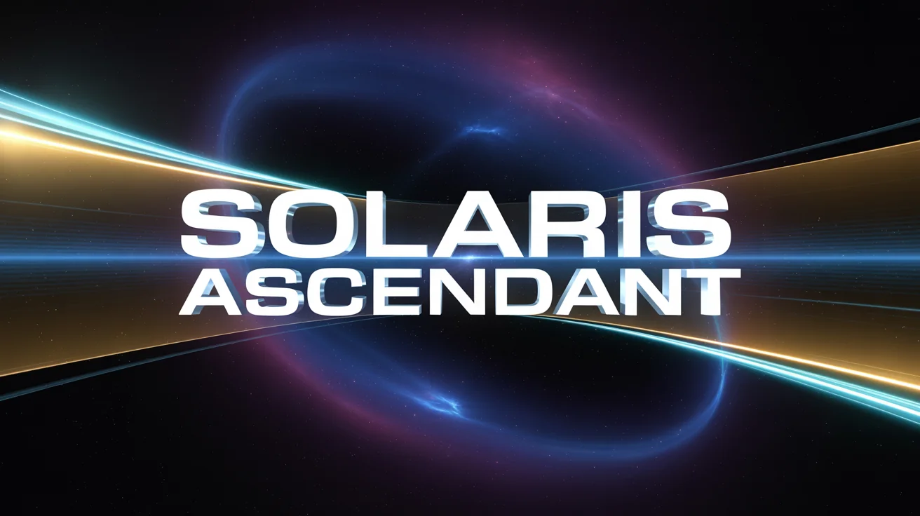 A cinematic movie title card showing the words 'SOLARIS ASCENDANT' in a bold, metallic 3D font. The text glows against a dark background of a blue and purple space nebula.